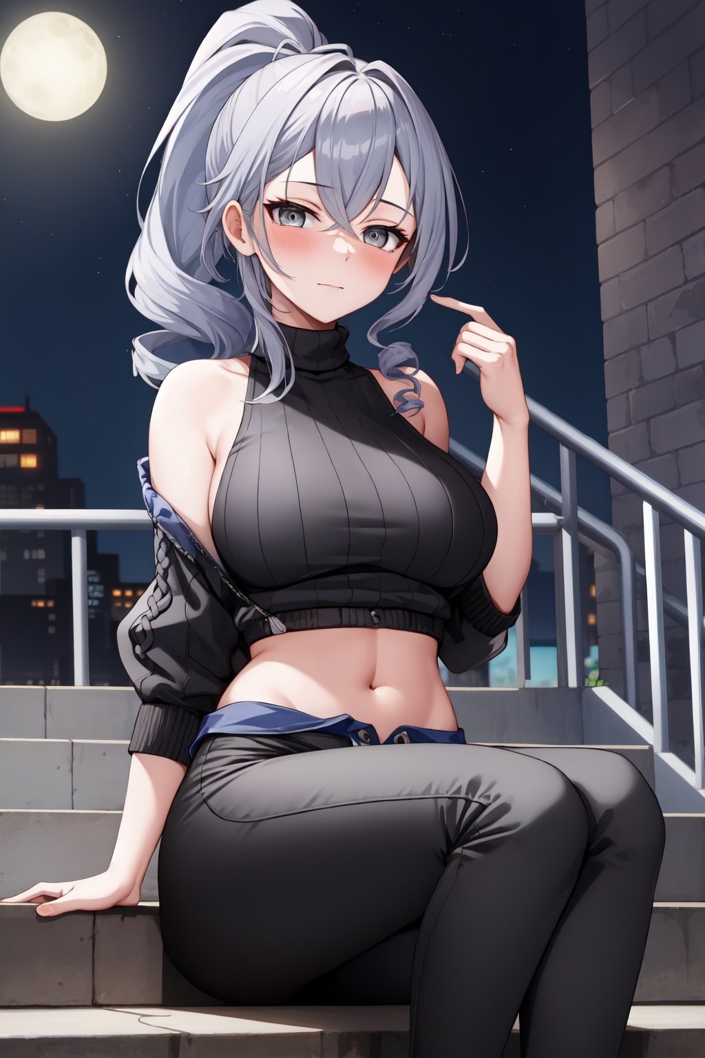 masterpiece, best quality, SilverwolfV5, 1girl, solo, looking at viewer, blush, large breasts, ((black sweater, black pants)), sitting, city alley, steps, night, closed mouth, ponytail, grey eyes, drills hair, <lora:Sv5-10:0.7>