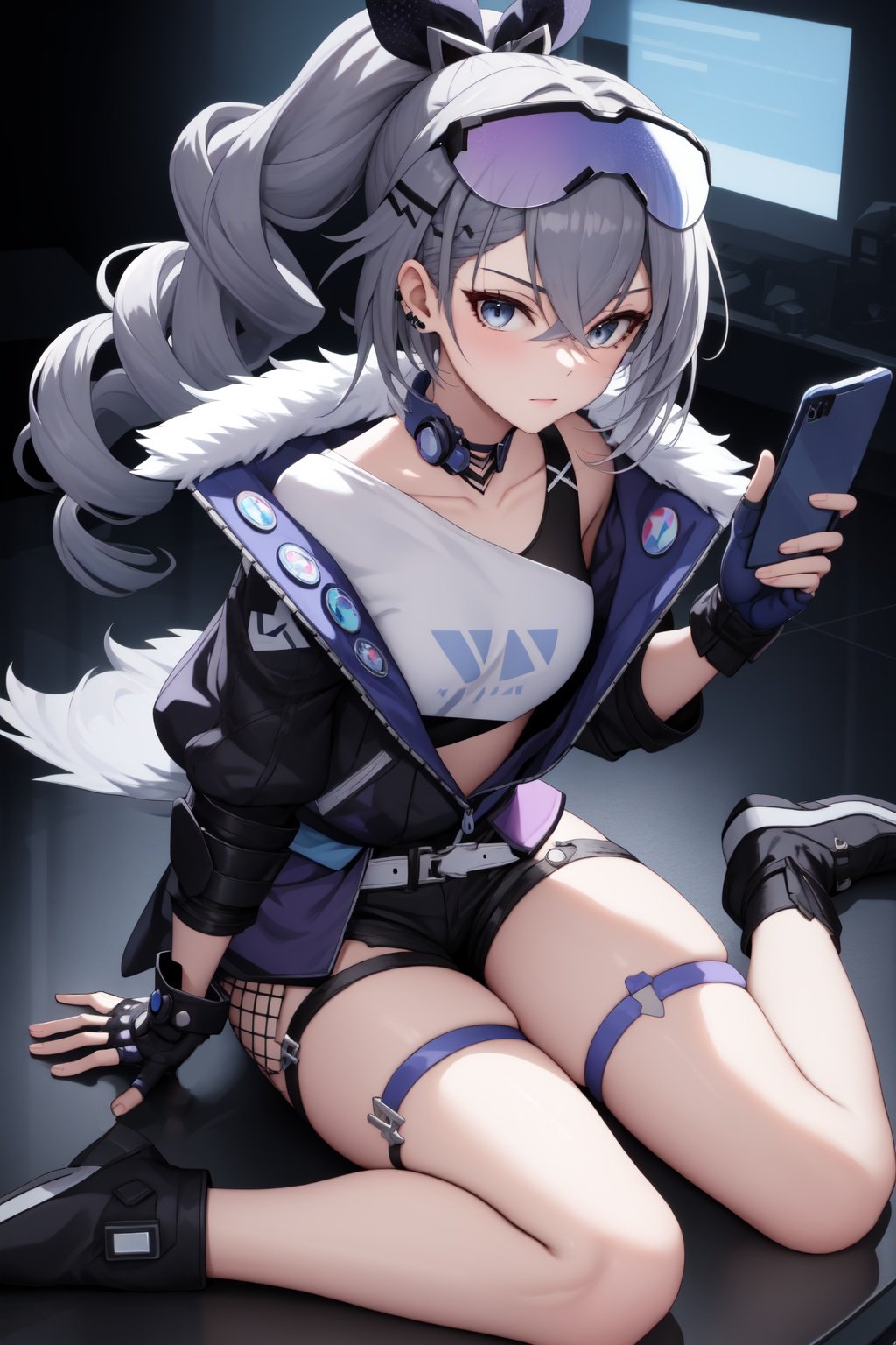 masterpiece, best quality, SilverwolfV5, 1girl, solo, looking at viewer, shirt, gloves, holding, sitting, jacket, shorts, choker, black gloves, fingerless gloves, black jacket, short shorts, thigh strap, phone, black shorts, goggles, eyewear on head, goggles on head, wariza, <lora:Sv5-10:1>