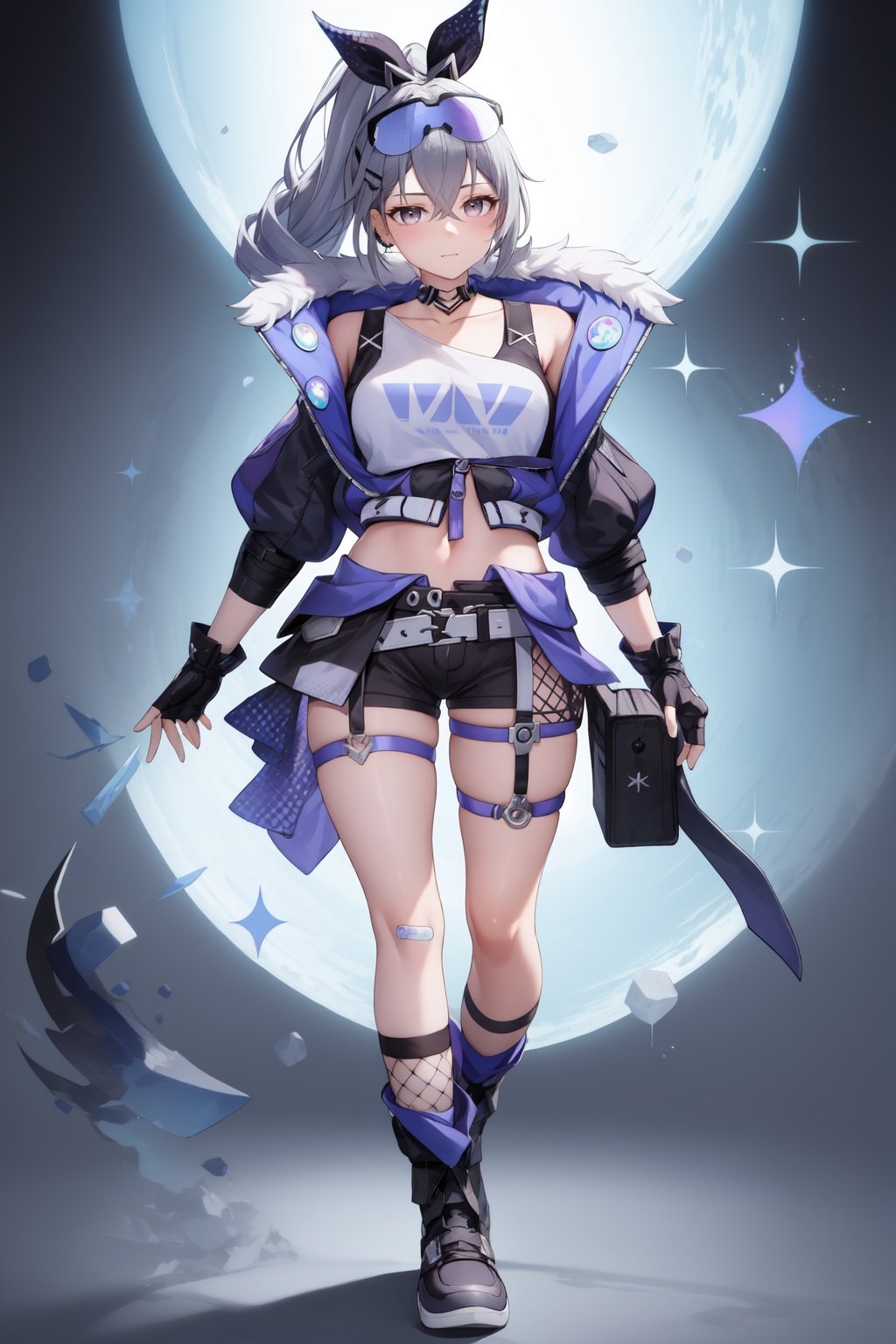 masterpiece, best quality, SilverwolfV5, 1girl, solo, looking at viewer, shirt, gloves, closed mouth, standing, jacket, full body, boots, shorts, choker, grey eyes, black gloves, fingerless gloves, black footwear, black jacket, black shorts, bandaid, eyewear on head, <lora:Sv5-10:1>