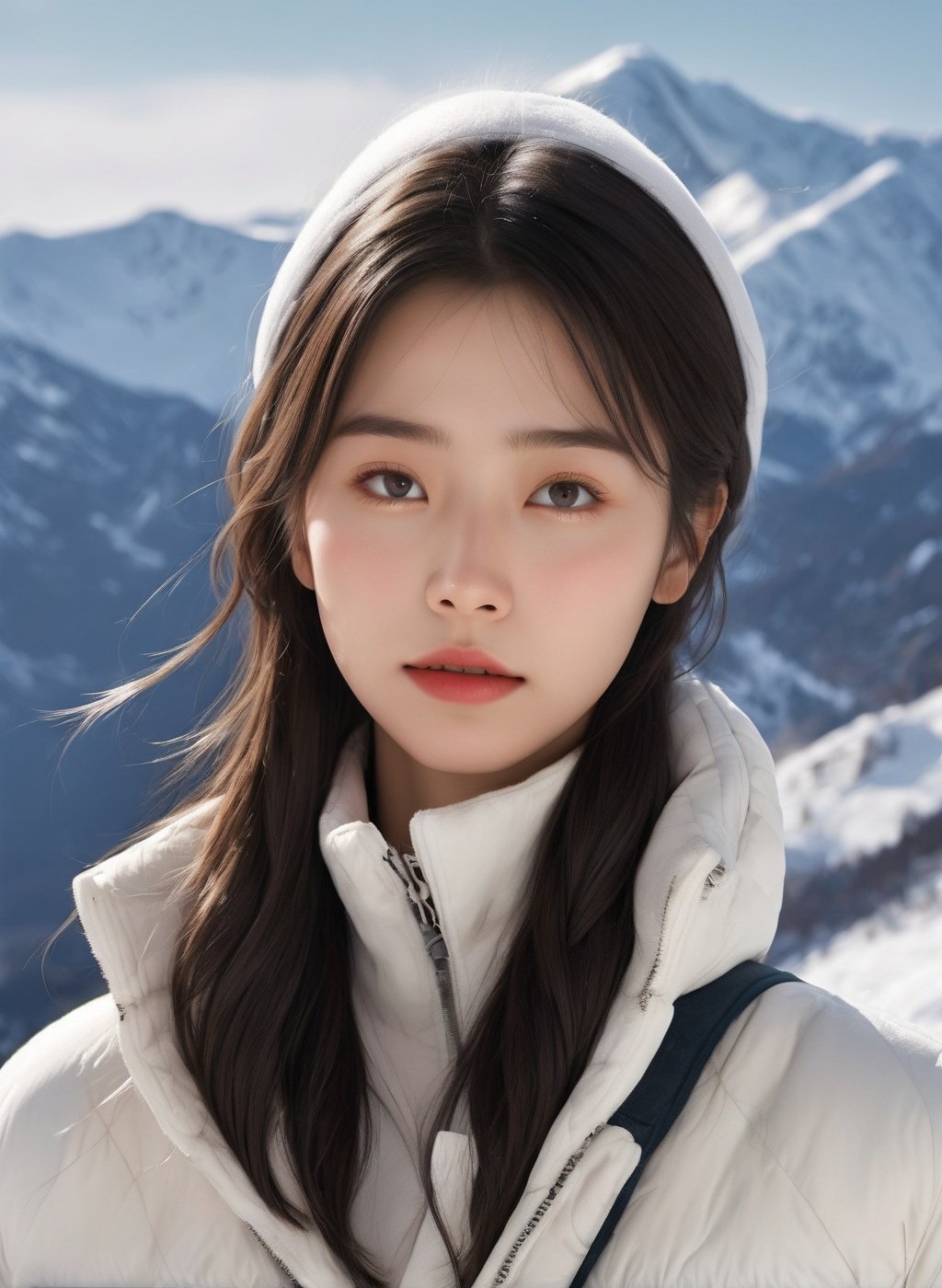 masterpiece,(best quality:1.3),ultra high res,raw photo,detailed skin,style: realistic pictures,1girl,chilly nature documentary film photography,snow mountain environment,natural light,a clear face,minor acne,