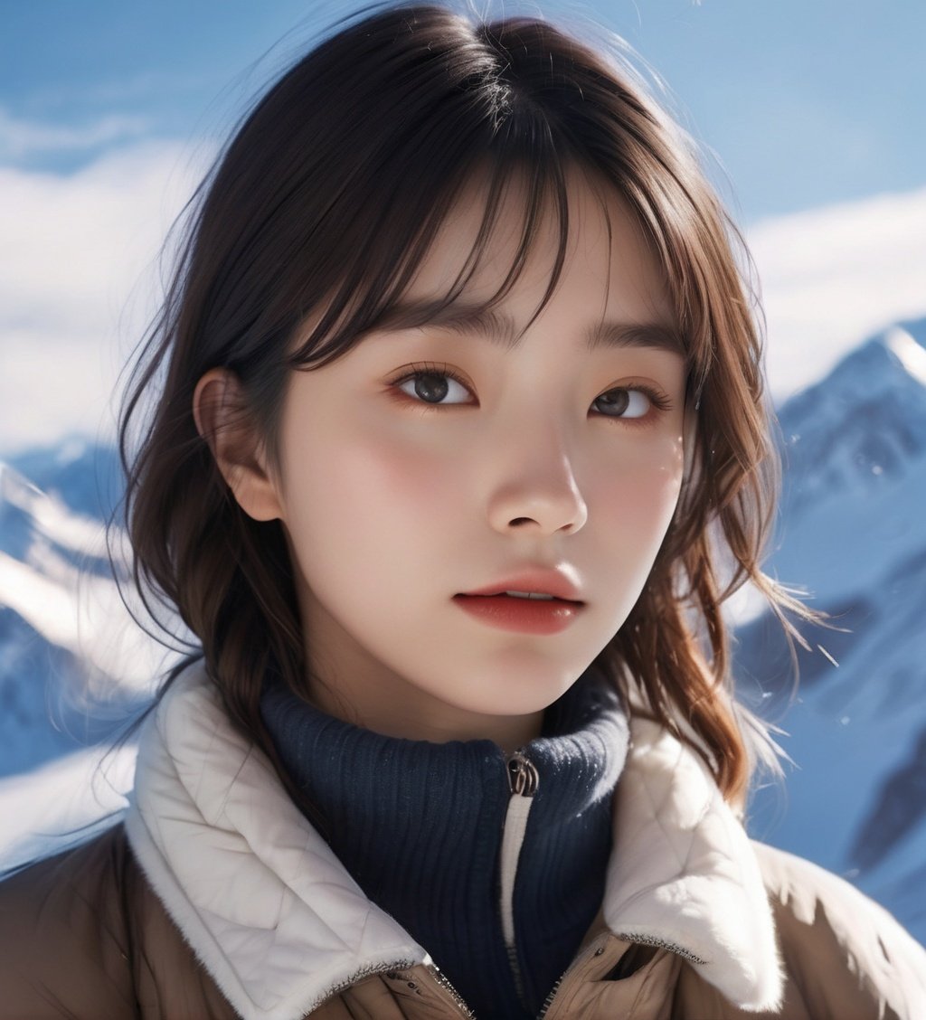 masterpiece,(best quality:1.3),ultra high res,raw photo,detailed skin,style: realistic pictures,1girl,chilly nature documentary film photography,snow mountain environment,natural light,a clear face,minor acne,