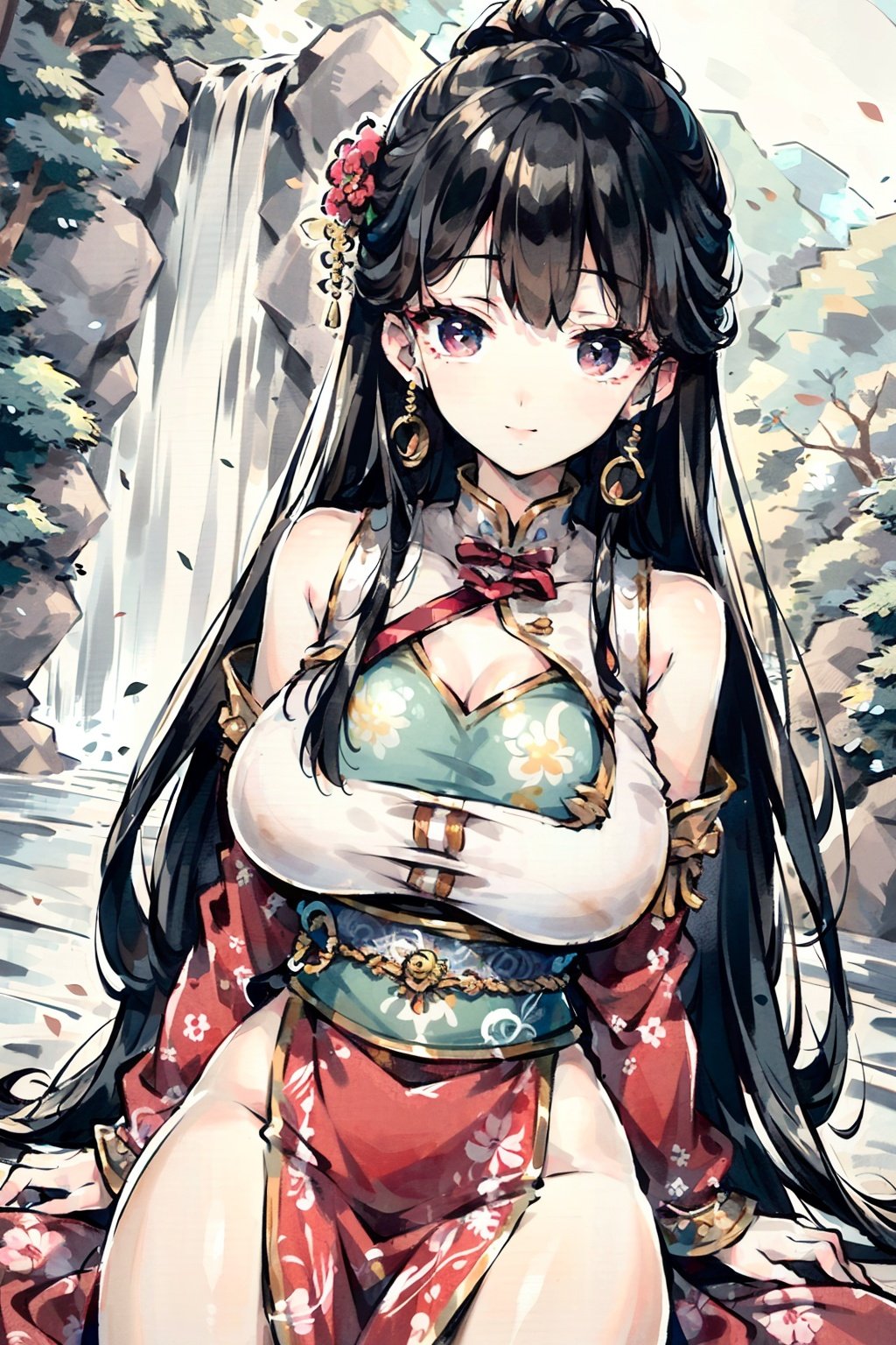 (masterpiece:1.3), (bestquality:1.3),((ultra-detailed)), (illustration),beautiful detailed eyes,beautiful detailed face,beautiful detailed clothes,beautiful detailed hair,beautiful detailed body,cowboy shot, sitting,countless waterfalls flowing down from the mountains, pine trees and flowering trees,
1girl,( hanfu_hairstyleï¼1.4),smile, hanfu,(floating hair:1.25),breast,