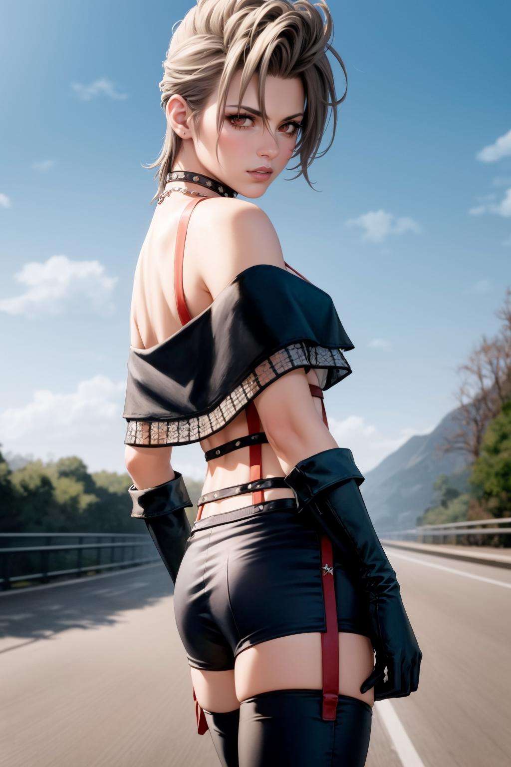 masterpiece, realistic, photorealistic, best quality, paine, choker, necklace, crop top, off-shoulder, elbow gloves, suspenders, black shorts, thighhighs, cowboy shot, from side, neutral expression, curious, looking at viewer, road, sky <lora:paine-nvwls-v1-000012:1>