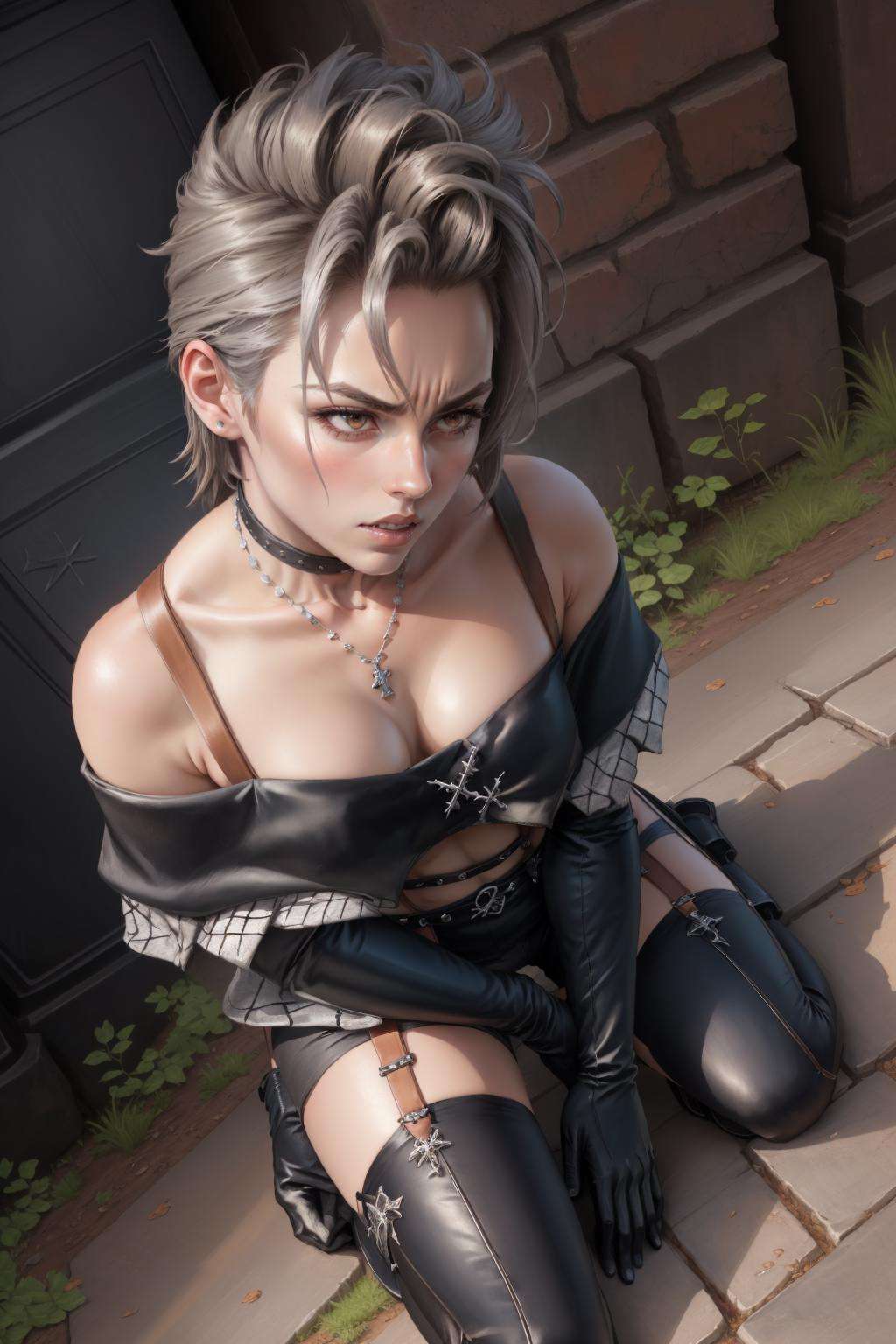 masterpiece, best quality, paine, choker, necklace, crop top, off-shoulder, elbow gloves, suspenders, black shorts, thighhighs, boots, furrowed brow, looking up, crouching, from above, clenched teeth, ground <lora:paine-nvwls-v1-000012:1>