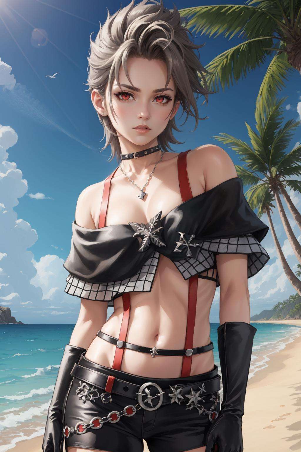 masterpiece, best quality, paine, choker, necklace, crop top, off-shoulder, elbow gloves, belt, suspenders, black shorts, upper body, sky, ocean, cliffs, palm tree, looking at viewer, neutral expression <lora:paine-nvwls-v1-000012:0.9>