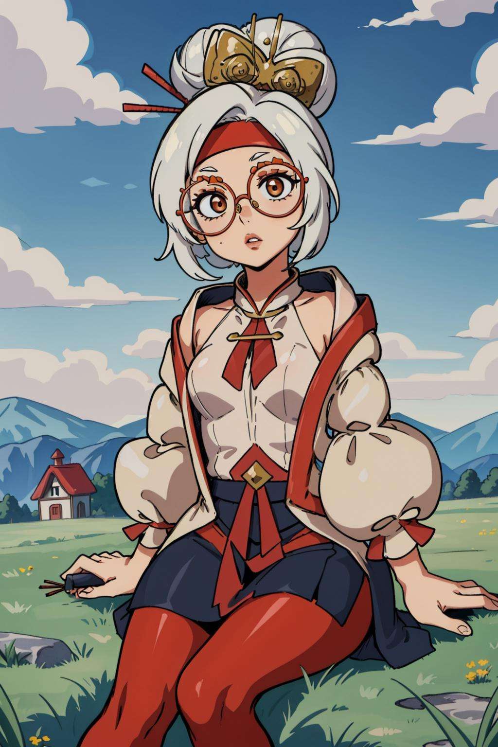 masterpiece, best quality, purah, red headband, red glasses, hair ornament, hair sticks, white jacket, sleeveless white shirt, black skirt, (orange pantyhose), looking at viewer, sky, cobblestones, grass, sitting on ground, hands on lap (dark skin:0.7) <lora:purah-nvwls-v3-000012:0.9>