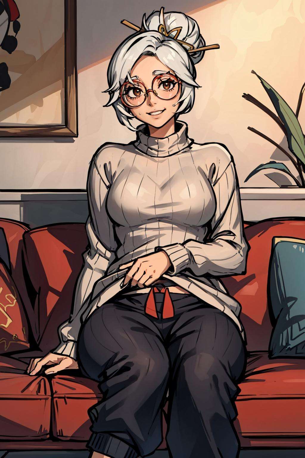 masterpiece, realistic, hyperrealistic, best quality, purah, hair stick, red glasses, grey ribbed sweater, black sweatpants, couch, sitting, looking at viewer, smile<lora:purah-nvwls-v3-000012:0.9>