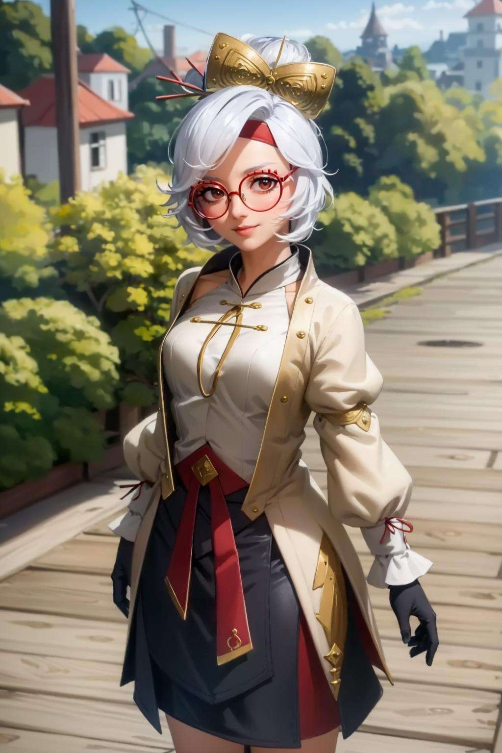 masterpiece, realistic, hyperrealistic, best quality, purah, red headband, red glasses, hair ornament, hair sticks, white jacket, black gloves, sleeveless white shirt, black skirt, upper body, looking at viewer, smirk, cobblestones, wooden railings, standing, thinking <lora:purah-nvwls-v3-000012:0.9>