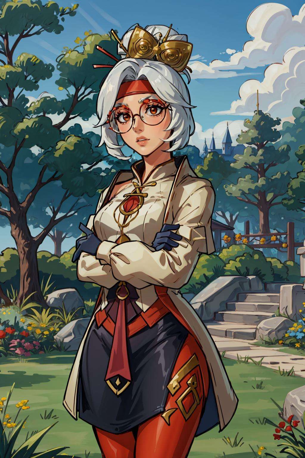 masterpiece, best quality, purah, red headband, red glasses, hair ornament, hair sticks, white jacket, black gloves, sleeveless white shirt, black skirt, orange pantyhose, cowboy shot, crossed arms, standing, trees, stone sculptures, garden <lora:purah-nvwls-v3-000012:0.9>