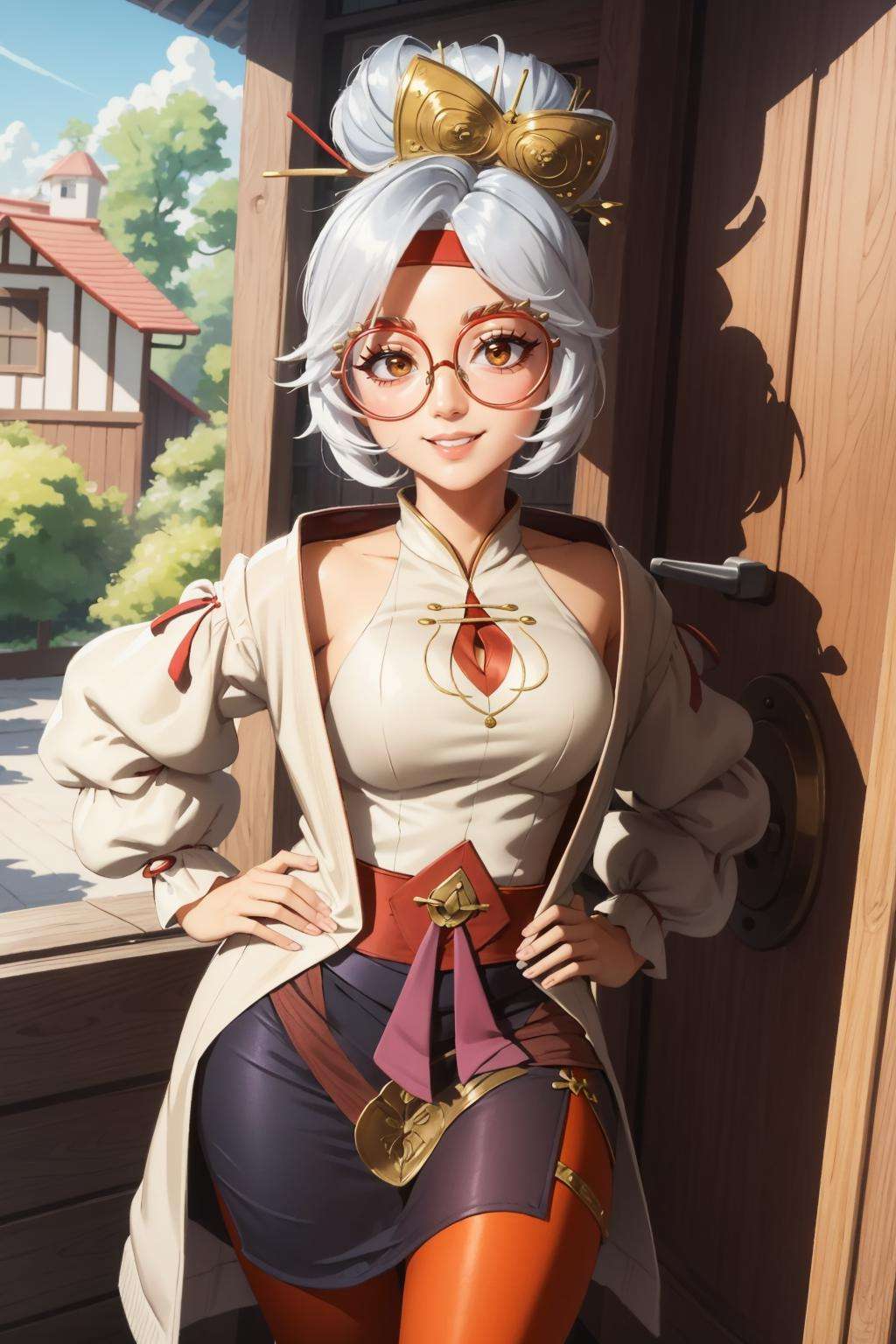 masterpiece, best quality, purah, red headband, hair ornament, hair sticks, red glasses, white jacket, sleeveless white shirt, black skirt, orange pantyhose, hands to hips, upper body, wooden door, house, smug smile <lora:purah-nvwls-v3-000012:0.9>