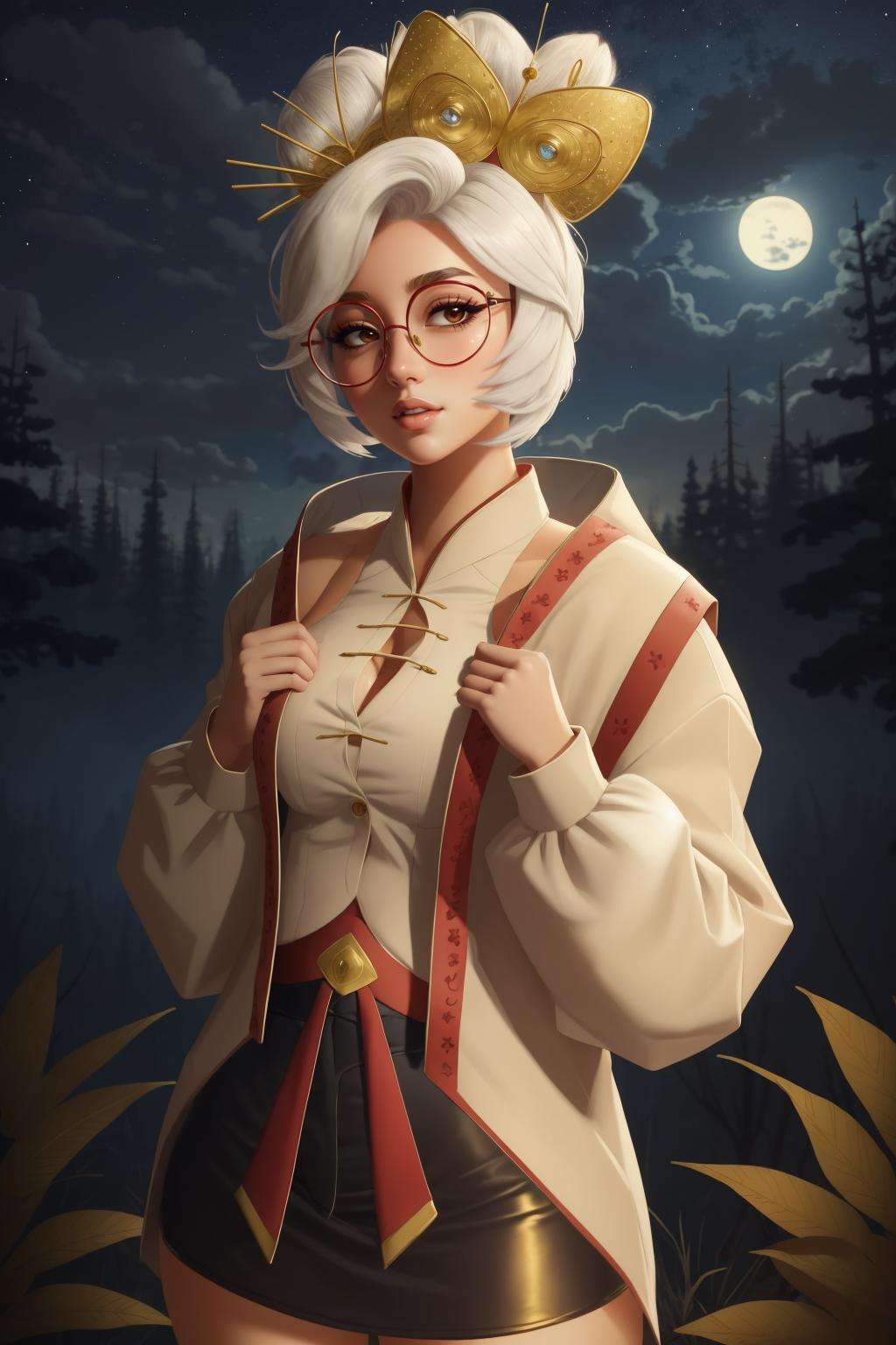 masterpiece, realistic, best quality, purah, red glasses, hair ornament, white jacket, sleeveless shirt, upper body, smug, sky, forest, night sky <lora:purah-nvwls-v2-final:0.9>