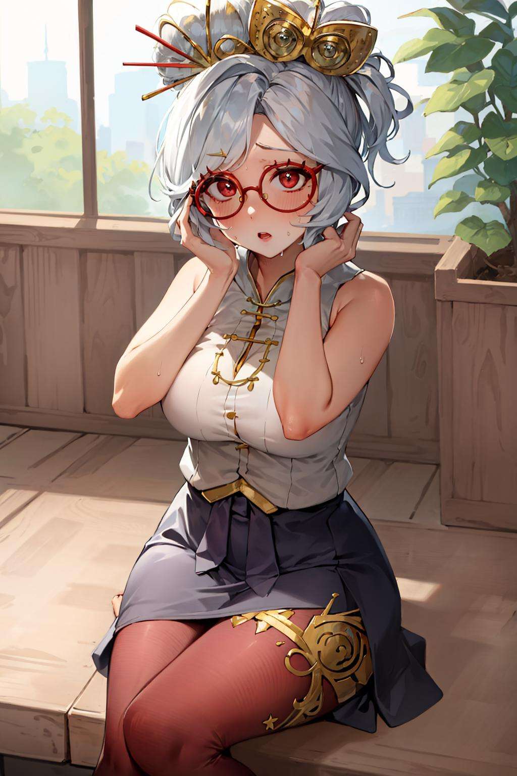 masterpiece, best quality, purah, red glasses, hair ornament, sleeveless shirt, black skirt, orange leggings, tired, sitting, sweat, stretching <lora:purah-nvwls-v2-final:0.9>