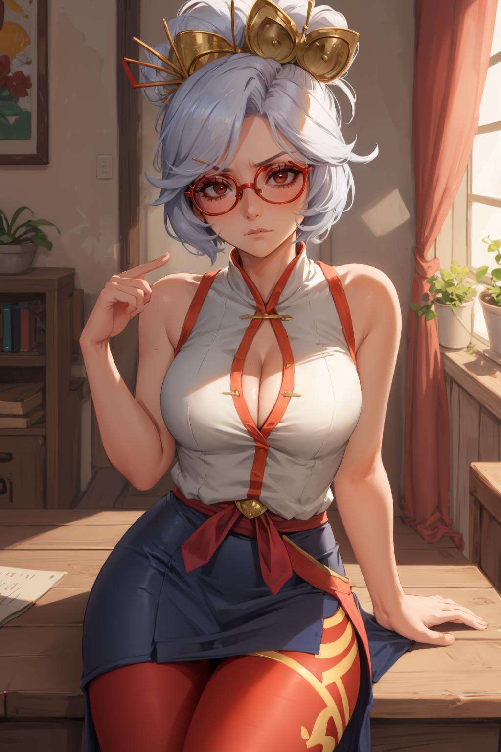 masterpiece, best quality, purah, red glasses, hair ornament, sleeveless shirt, bare shoulders, black skirt, orange leggings, cleavage, upper body, looking at viewer, unimpressed <lora:purah-nvwls-v2-final:0.7>