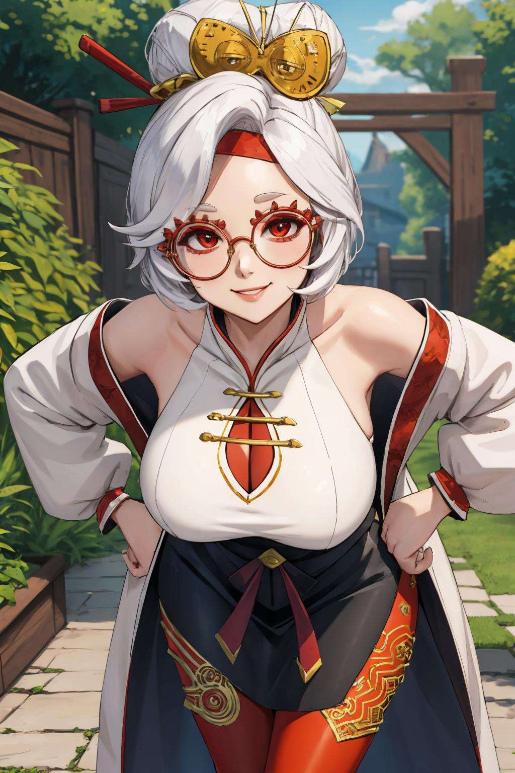 masterpiece, best quality, purah, red glasses, hair ornament, hair stick, red headband, white shirt, bare shoulders, white jacket, black skirt, orange leggings, large breasts, looking at viewer, entrance, garden, leaning forward, upper body, hands to hips, smile <lora:purah-nvwls-v3-2-000012:0.9>