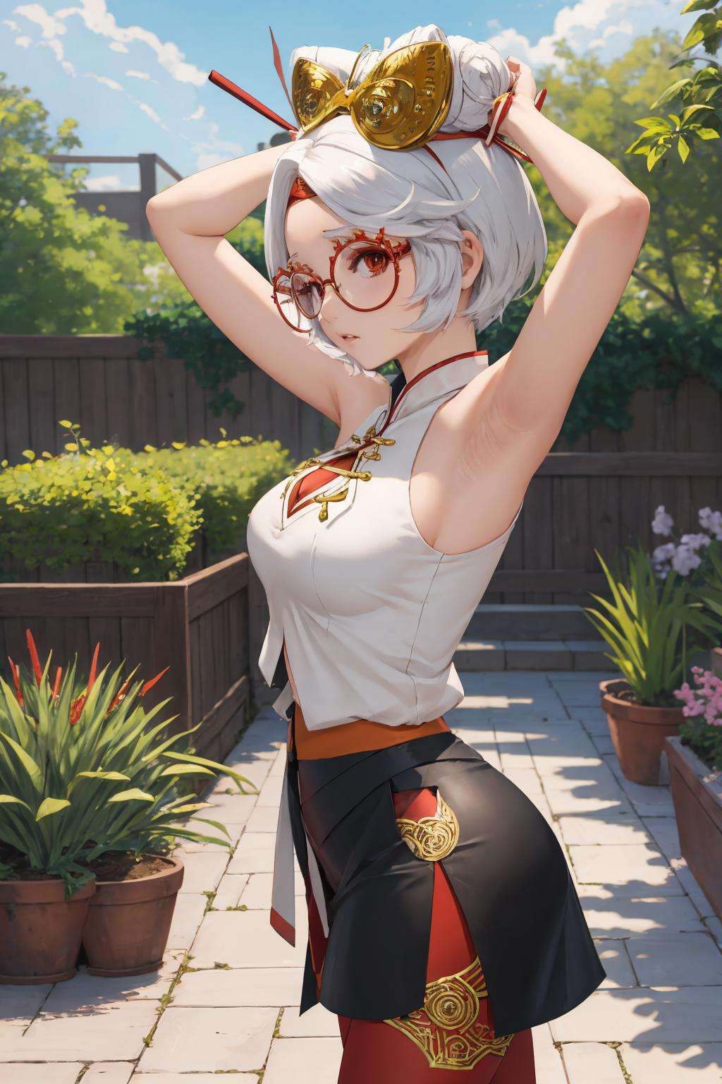 masterpiece, best quality, purah, red glasses, hair ornament, hair stick, red headband, white shirt, bare shoulders, sleeveless, black skirt, orange leggings, cowboy shot, looking at viewer, from side, stretching, garden <lora:purah-nvwls-v3-2-000012:0.9>