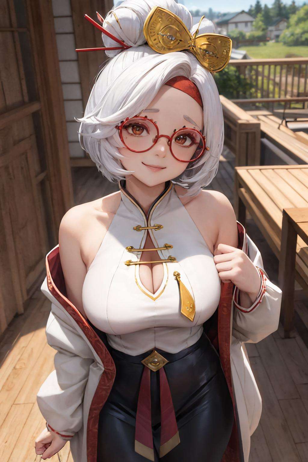 masterpiece, best quality, purah, red glasses, hair ornament, hair stick, red headband, white shirt, off-shoulder, white jacket, black skirt, orange leggings, standing, large breasts, upper body, wooden house, living room, from above, looking at viewer, smile, hands to chest <lora:purah-nvwls-v3-2-000012:0.8>