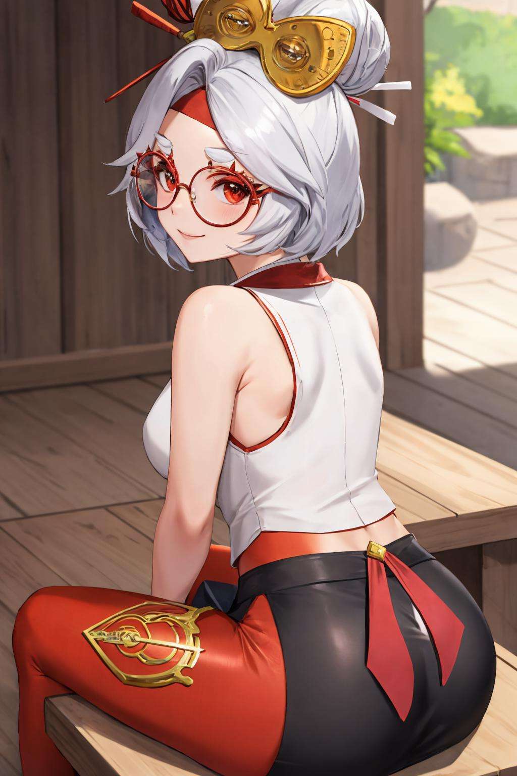 masterpiece, best quality, purah, red glasses, hair ornament, hair stick, red headband, white shirt, bare shoulders, sleeveless, black skirt, orange leggings, sitting, from behind, looking at viewer, smile<lora:purah-nvwls-v3-2-000012:0.8>