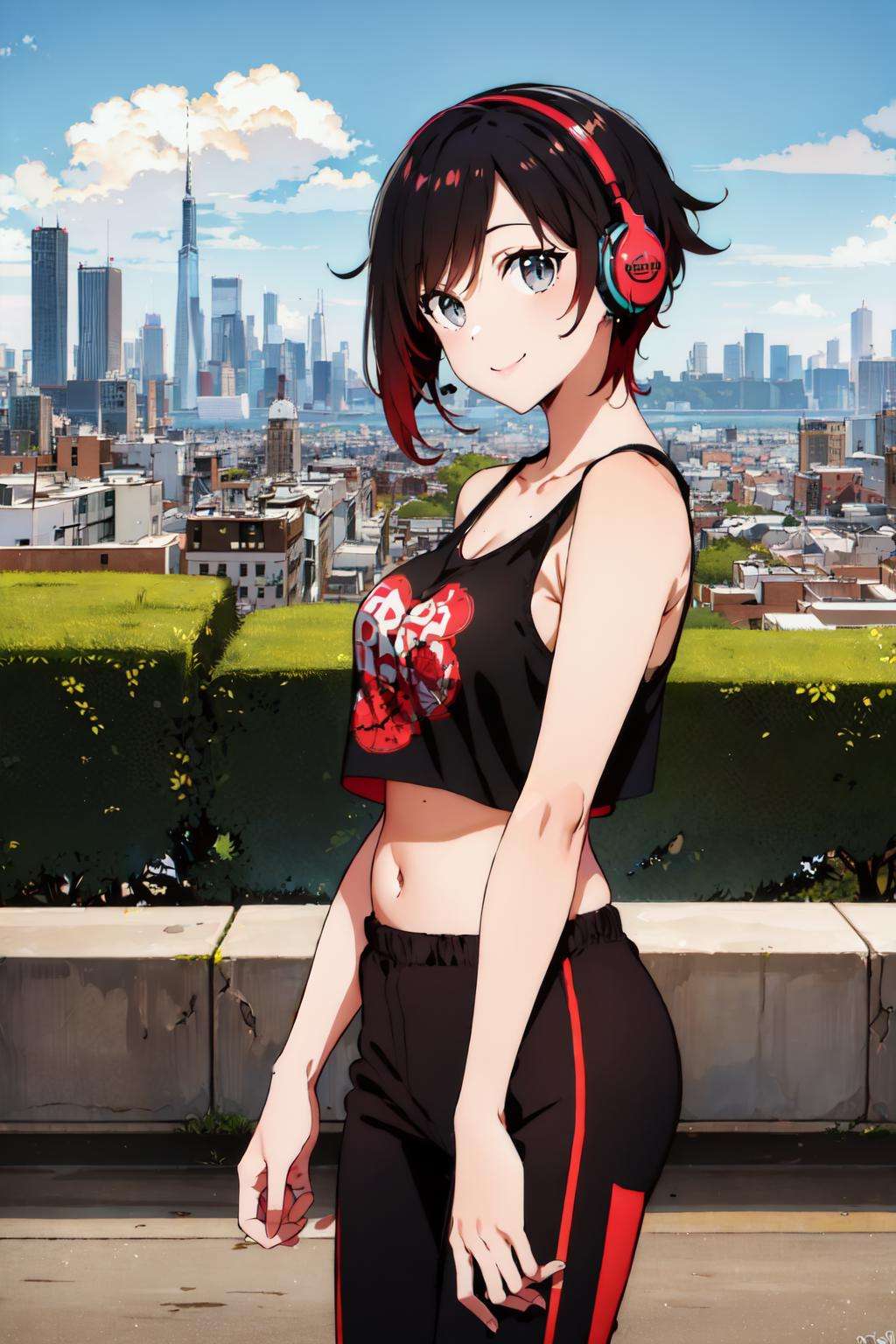 (masterpiece, best quality:1.2), <lora:rwby_rose-10:1>, cowboy shot, solo, 1girl, ruby rose, smile, looking at viewer, headphones, tank top, black track pants, cityscape scenery
