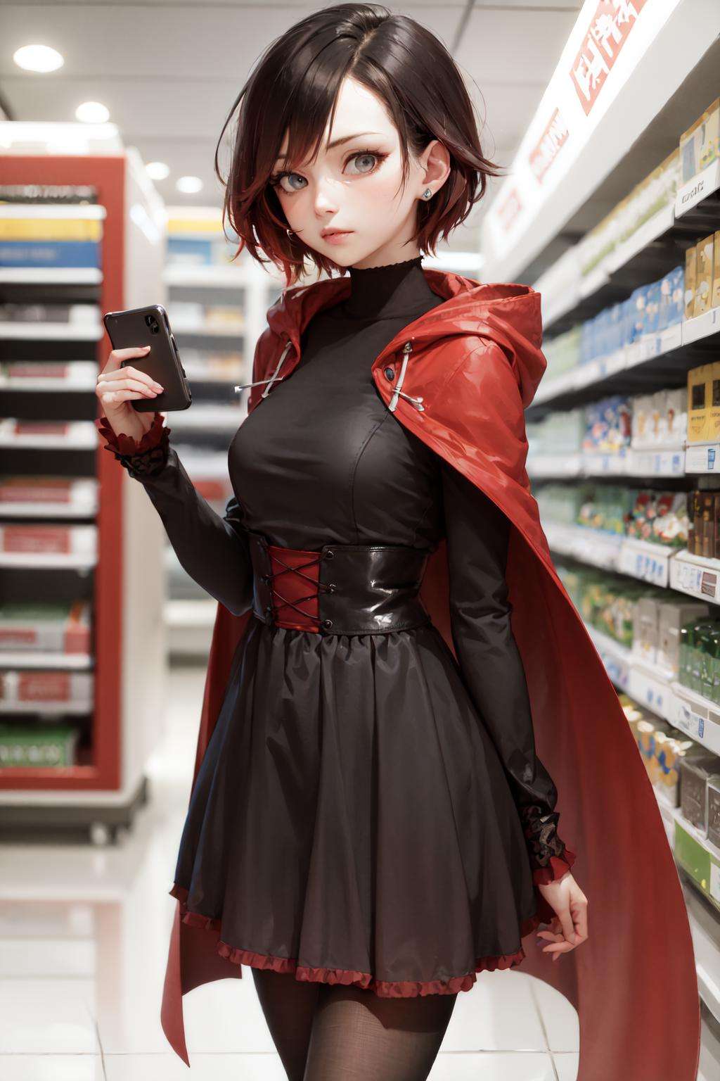 (masterpiece, best quality:1.2), <lora:rwby_rose-10:1>, cowboy shot, solo, 1girl, ruby rose, expressionless, looking at viewer, holding phone, headphones, hood up, black dress, long sleeves, red cape, pantyhose, indoors, grocery store