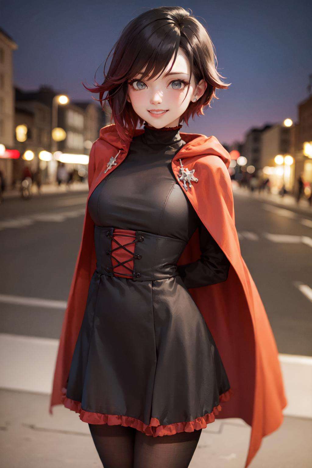 (masterpiece, best quality:1.2), <lora:rwby_rose-10:1>, cowboy shot, solo, 1girl, ruby rose, grin, looking at viewer, arms behind back, black dress, long sleeves, red cape, pantyhose, night, cityscape, street