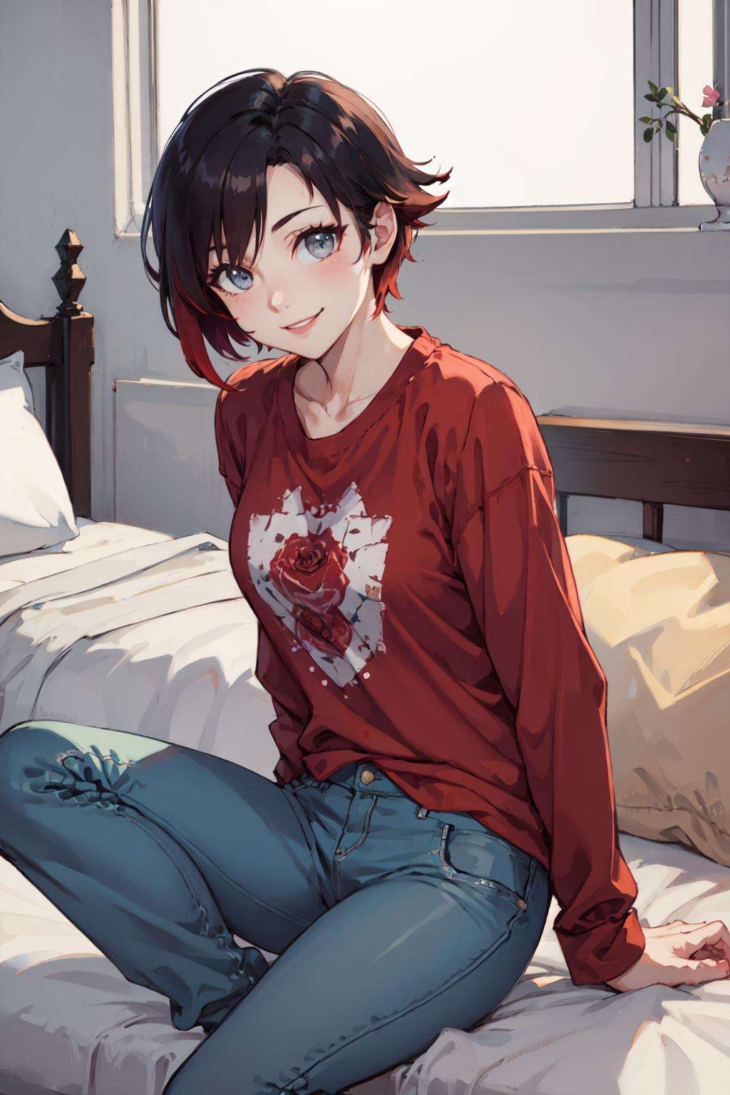 (masterpiece, best quality:1.2), <lora:rwby_rose-10:1>, solo, 1girl, ruby rose, smile, looking at viewer, sitting, pajamas, red t-shirt, unbuttoned, pants, bedroom