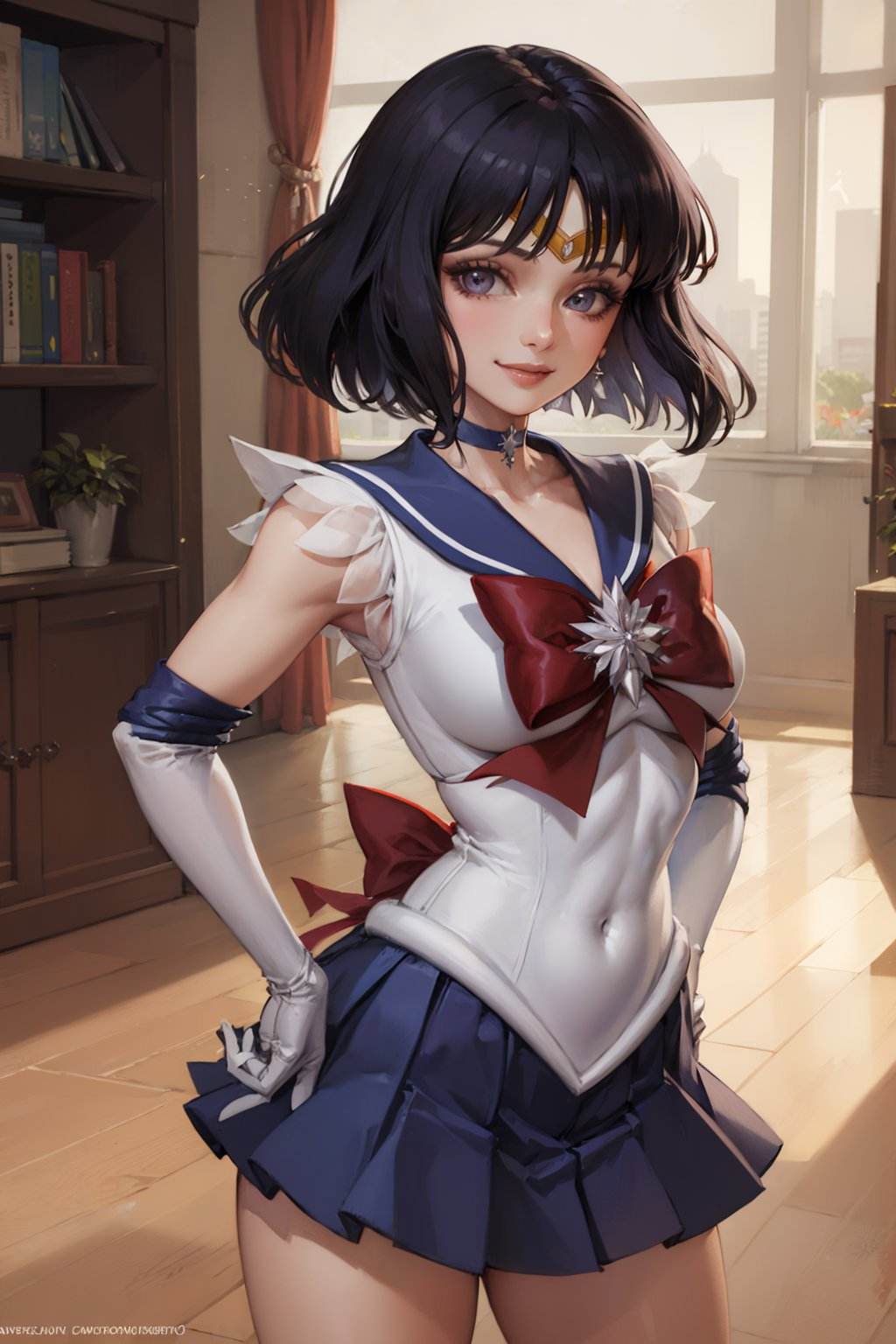 (masterpiece, best quality:1.2), <lora:sailormoon_sailorsaturn-10:1>, solo, 1girl, sailor saturn, magical girl, smile, closed mouth, looking at viewer, hand on hip, tiara, sailor senshi uniform, pleated skirt, elbow gloves, jewelry, brooch, choker