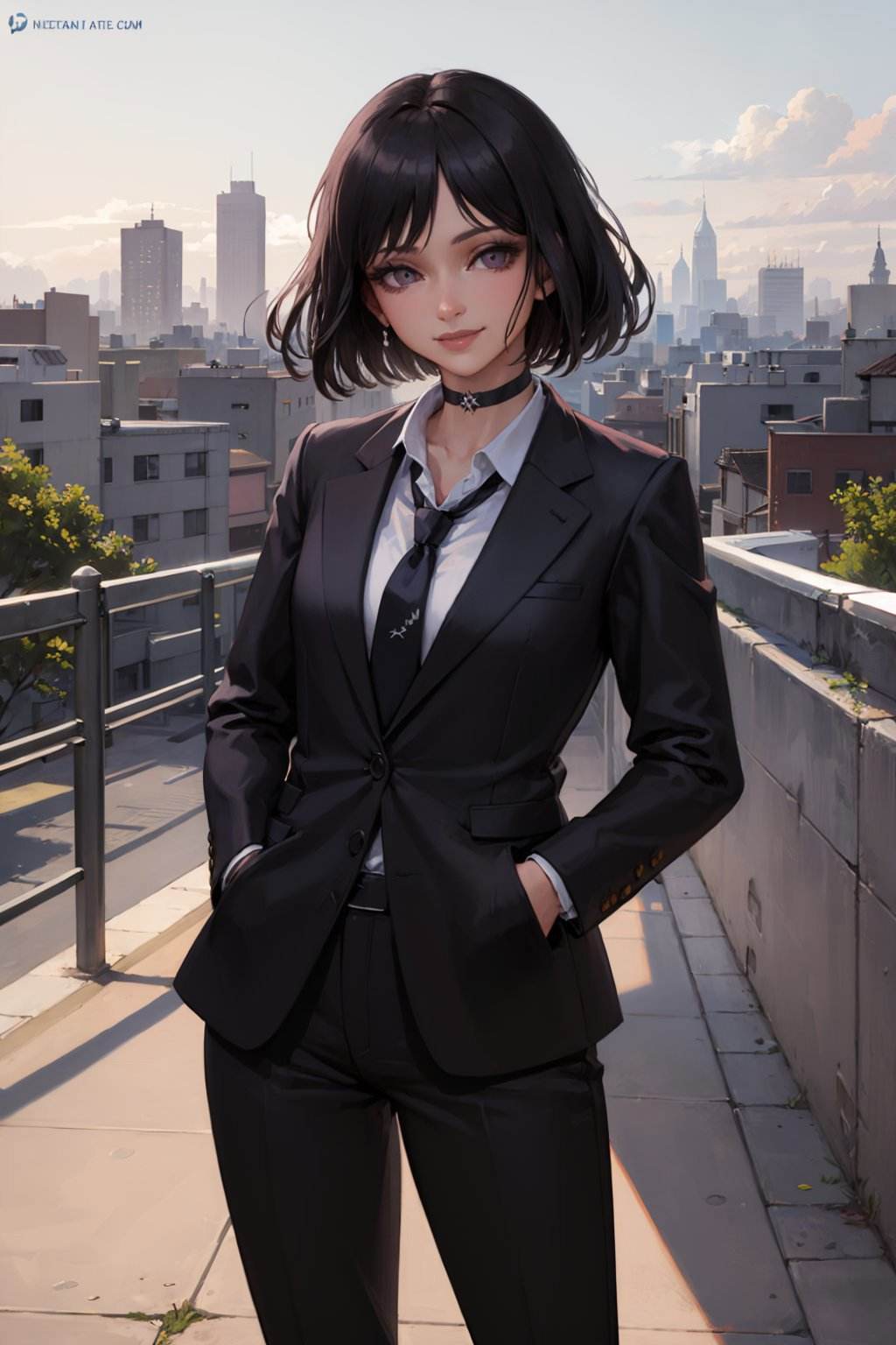 (masterpiece, best quality:1.2), <lora:sailormoon_sailorsaturn-10:0.7>, cowboy shot, solo, 1girl, sailor saturn, smile, looking at viewer, hands in pockets, short black hair, purple eyes, formal, suit, necktie, black pants, choker, cityscape scenery, street