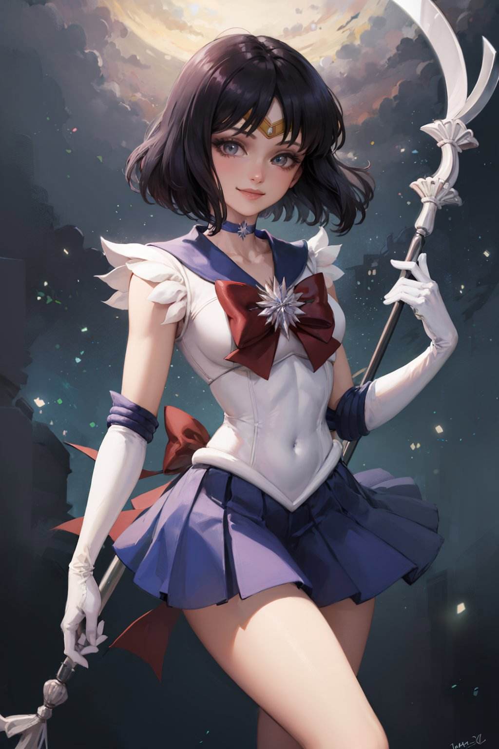 (masterpiece, best quality:1.2), <lora:sailormoon_sailorsaturn-10:1>, solo, 1girl, sailor saturn, magical girl, smile, closed mouth, looking at viewer, holding weapon, polearm, tiara, sailor senshi uniform, pleated skirt, elbow gloves, jewelry, brooch, choker
