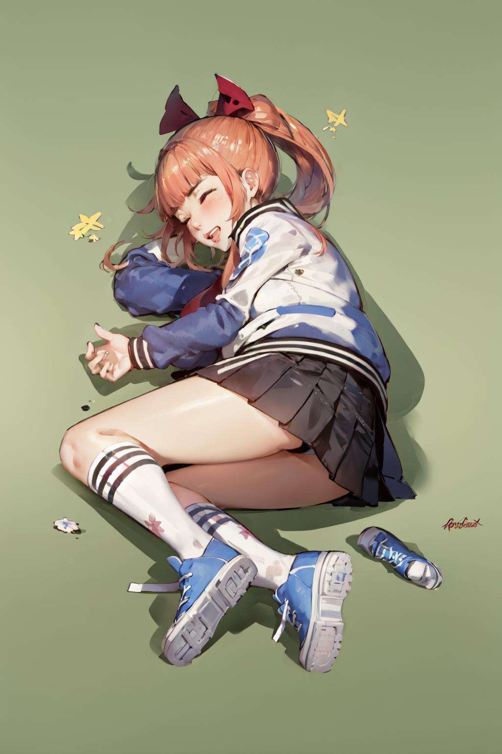 (masterpiece, best quality:1.2), <lora:rcg_kyoko-10:0.8>, <lora:concept_yamchapose-10:1>, solo, 1girl, kyoko \(rcg\), yamachapose, lying, on side, closed eyes, letterman jacket, red necktie, pleated skirt, kneehighs, blue sneakers