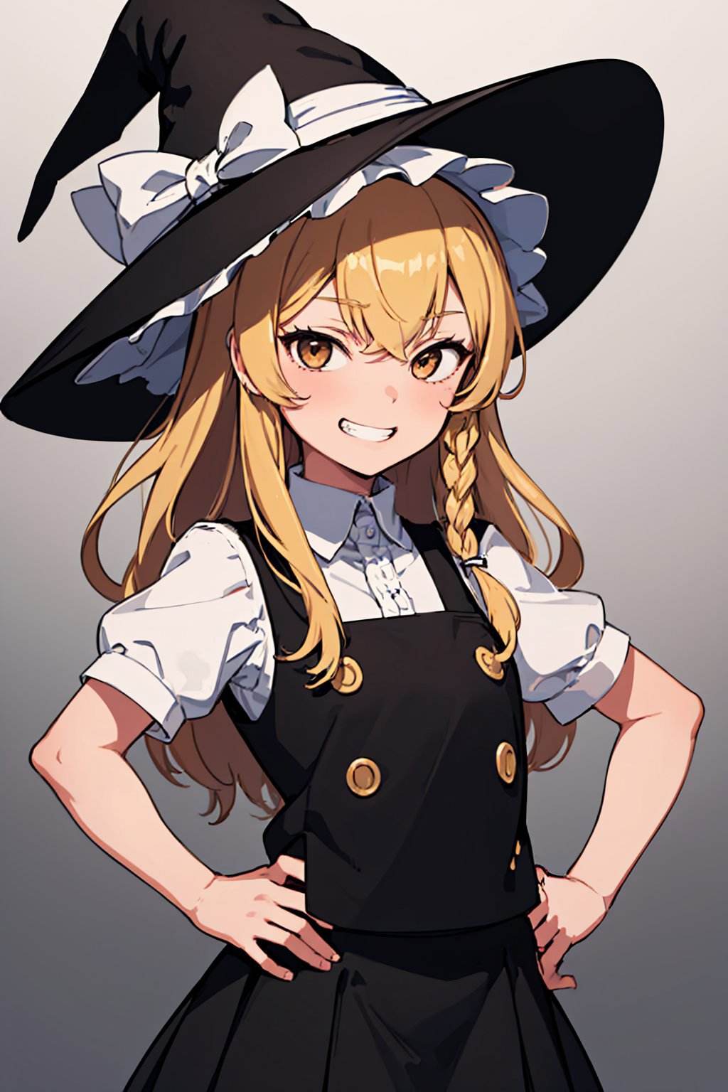 (masterpiece, best quality:1.2), solo, 1girl, kirisame marisa, grin, looking at viewer, hands on hips, witch hat, puffy short sleeves, black vest, black skirt