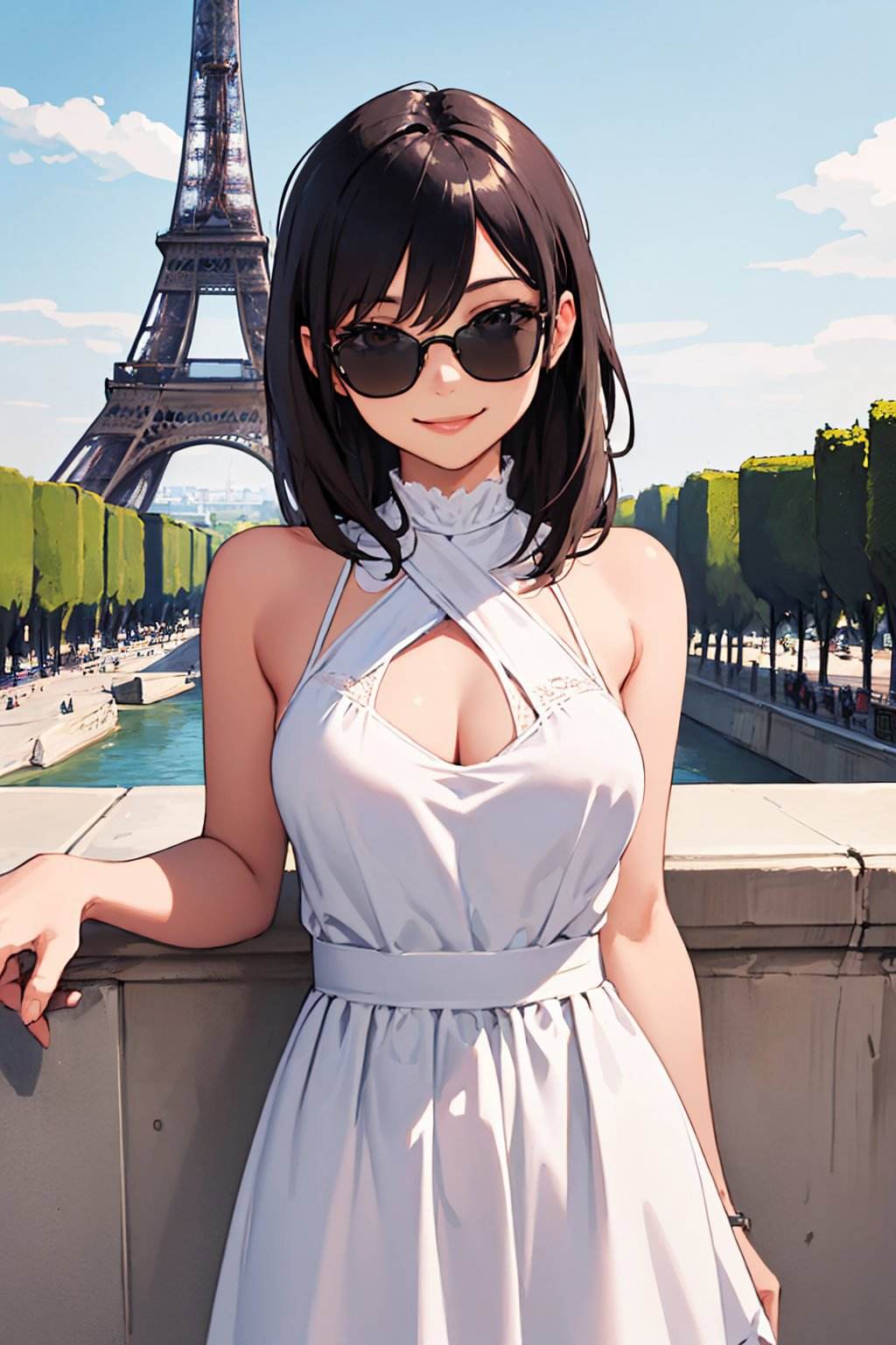(masterpiece, best quality:1.2), paris, eiffel tower, solo, 1girl, smile, looking at viewer, sunglasses, white dress