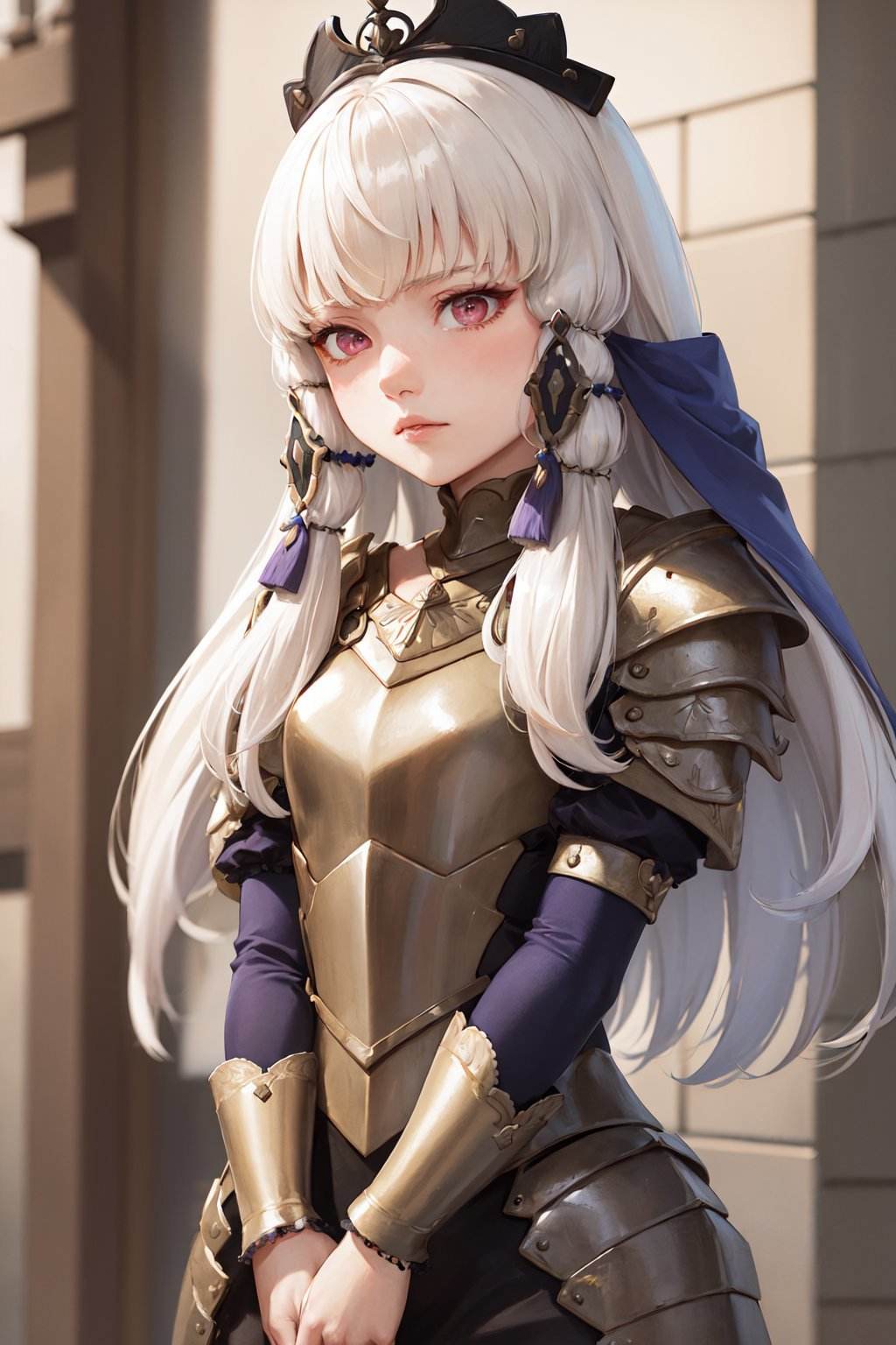 (masterpiece, best quality:1.2), <lora:fireemblem_ordelia_pruned-12:1>, solo, 1girl, lysithea von ordelia, expressionless, closed mouth, looking down, hair ornament, armor