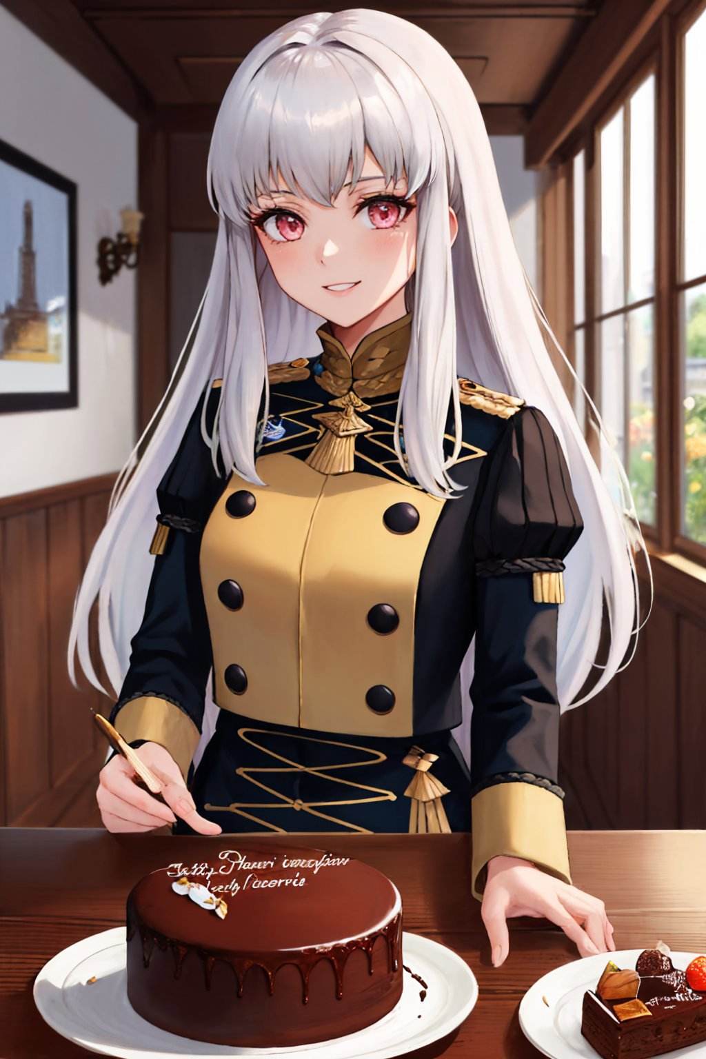 (masterpiece, best quality:1.2), <lyco:fireemblem_ordelia-08:1.0>, upper body, solo, 1girl, lysitheauniform, smile, looking at viewer, uniform, long sleeves, indoors, table, chocolate cake