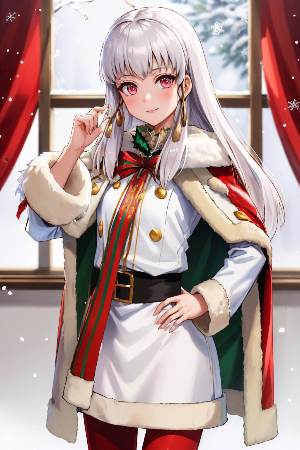 (masterpiece, best quality:1.2), <lyco:fireemblem_ordelia-08:1.0>, cowboy shot, solo, 1girl, lysitheawinter, smile, looking at viewer, hand on hip, christmas, white dress, fur trim, long sleeves, fur-trimmed cape, red pantyhose, snowing