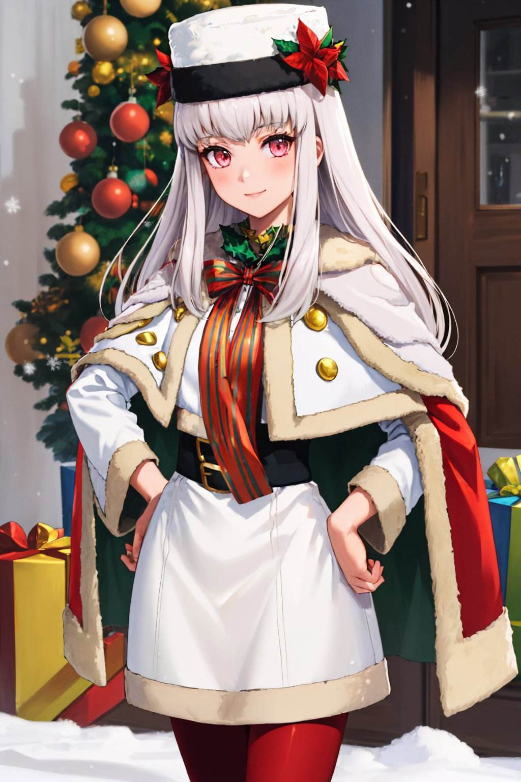 (masterpiece, best quality:1.2), <lyco:fireemblem_ordelia-08:1.0>, cowboy shot, solo, 1girl, lysitheawinter, smile, looking at viewer, hand on hip, hat, christmas, white dress, fur trim, long sleeves, fur-trimmed cape, red pantyhose, snowing