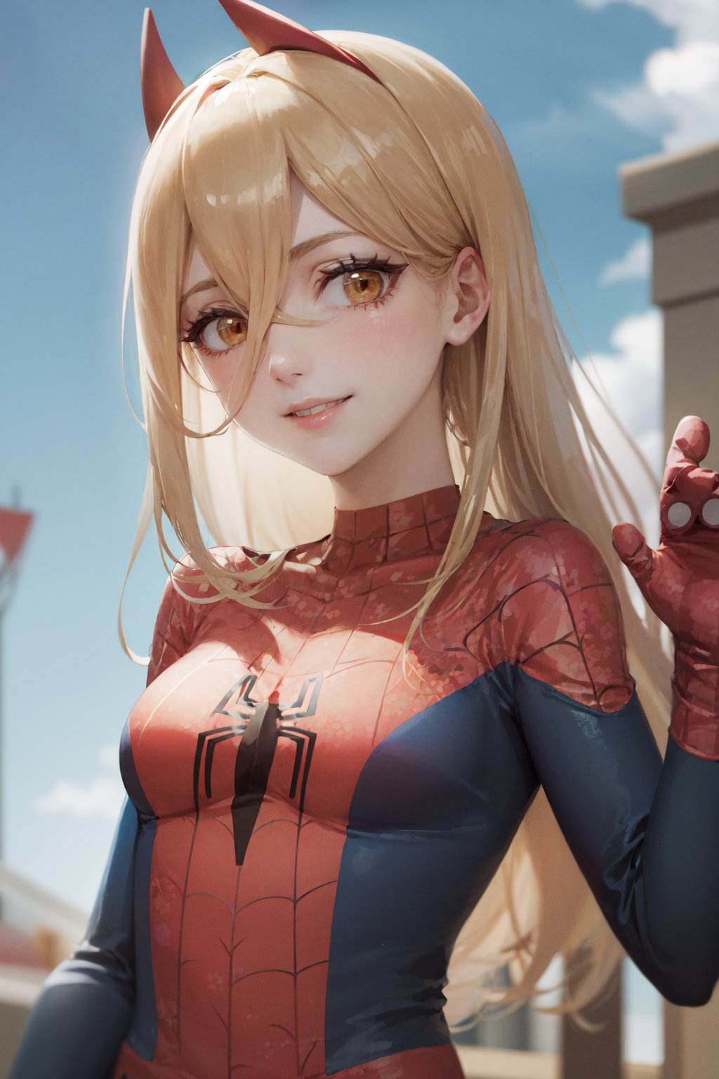 (masterpiece, best quality:1.2), <lora:csm_power-13:0.9>, <lora:attire_spider-man-12:0.9>, upper body, solo, 1girl, power \(csm\), smile, looking at viewer, blonde hair, yellow eyes, cross-shaped pupils, spider suit, spider web print, spider web, blue sky