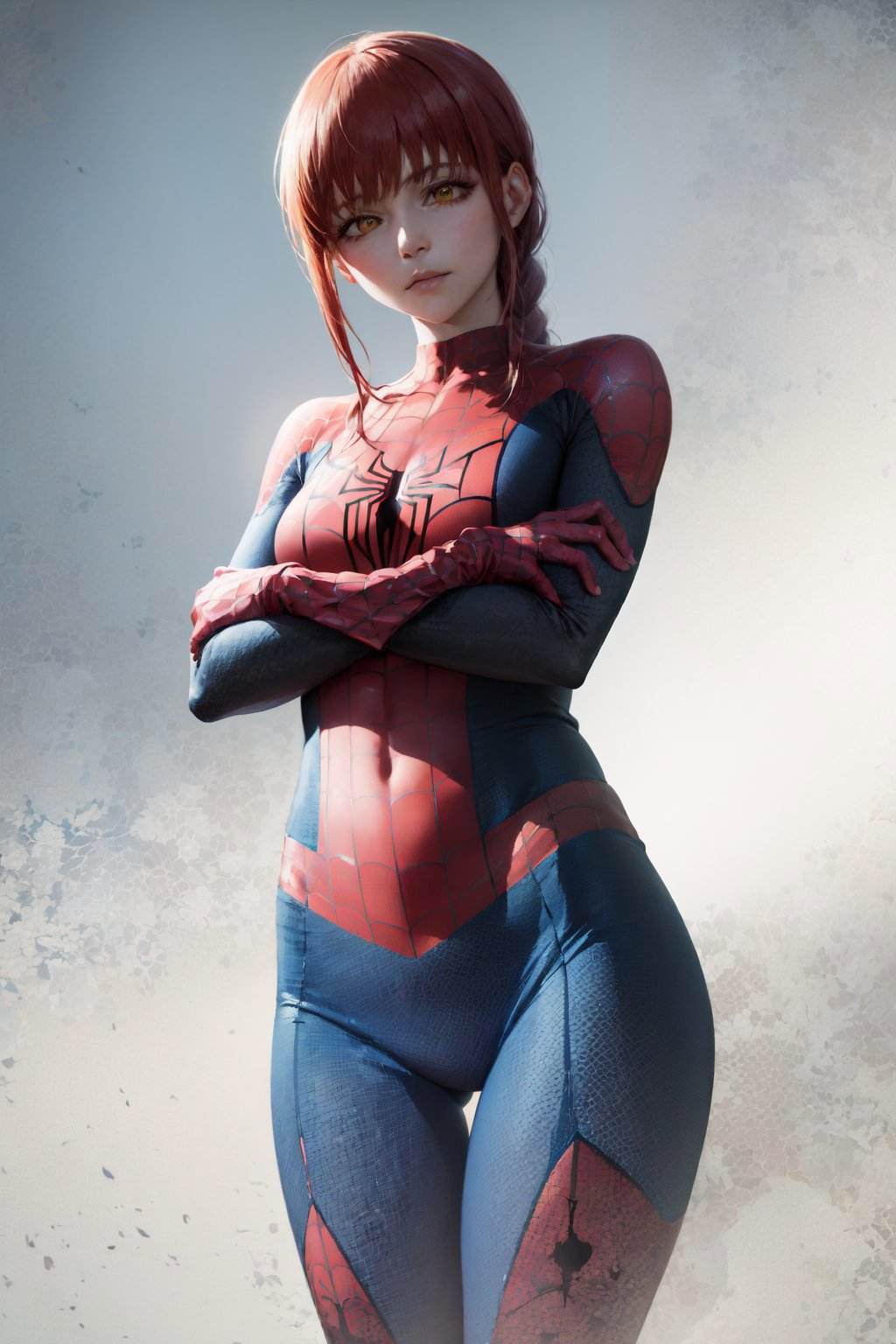 (masterpiece, best quality:1.2), <lora:csm_makima-10:0.8>, <lora:attire_spider-man-12:1>, cowboy shot, solo, 1girl, makima, expressionless, closed mouth, looking at viewer, crossed arms, red hair, braided ponytail, yellow eyes, ringed eyes, spider suit, bodysuit, spider web print, spider web