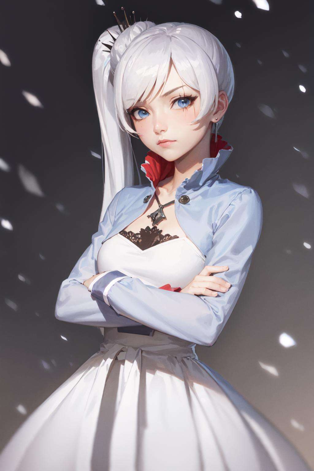 (masterpiece, best quality:1.2), <lora:rwby_schnee-10:1>, cowboy shot, solo, 1girl, weiss schnee, serious, closed mouth, looking at viewer, crossed arms, side ponytail, scar across eye, dress, long sleeves, snowing