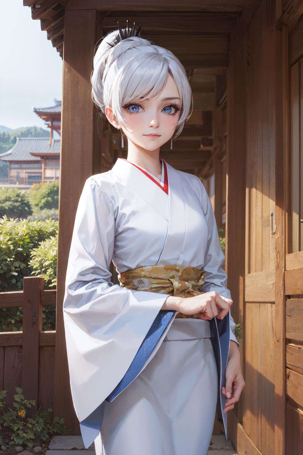 (masterpiece, best quality:1.2), <lora:rwby_schnee-10:1>, cowboy shot, solo, 1girl, weiss schnee, slight smile, closed mouth, looking at viewer, scar across eye, japanese clothes, white kimono, town