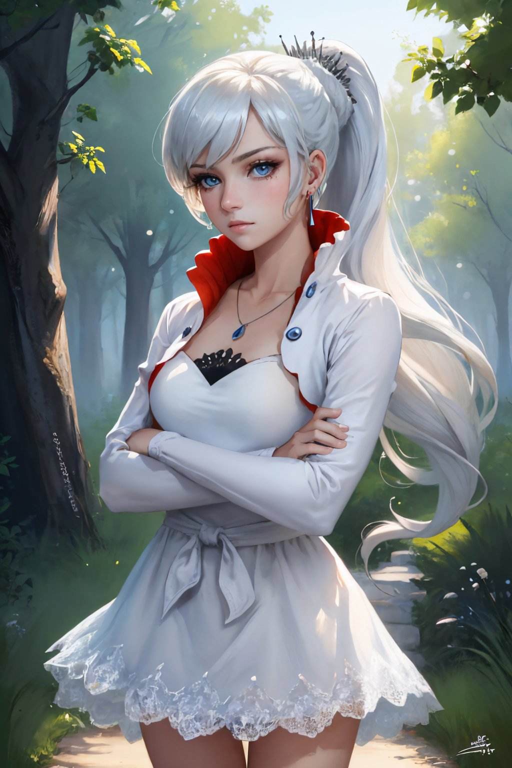 (masterpiece, best quality:1.2), <lyco:rwby_weissschnee-12:1.0>, cowboy shot, solo, 1girl, weissvale, expressionless, closed mouth, looking at viewer, crossed arms, ponytail, scar on eye, white dress, jewelry, necklace, earrings