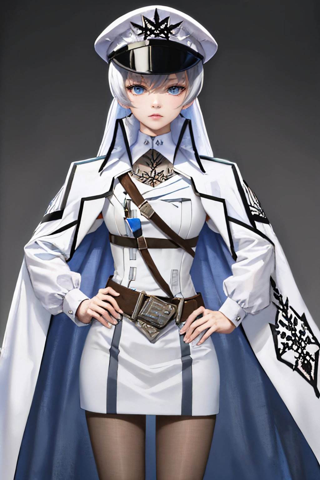 (masterpiece, best quality:1.2), <lyco:rwby_weissschnee-12:1.0>, cowboy shot, solo, 1girl, weissneg, expressionless, closed mouth, looking at viewer, hand on hip, long hair, peaked cap, military uniform, white coat, belt, pantyhose