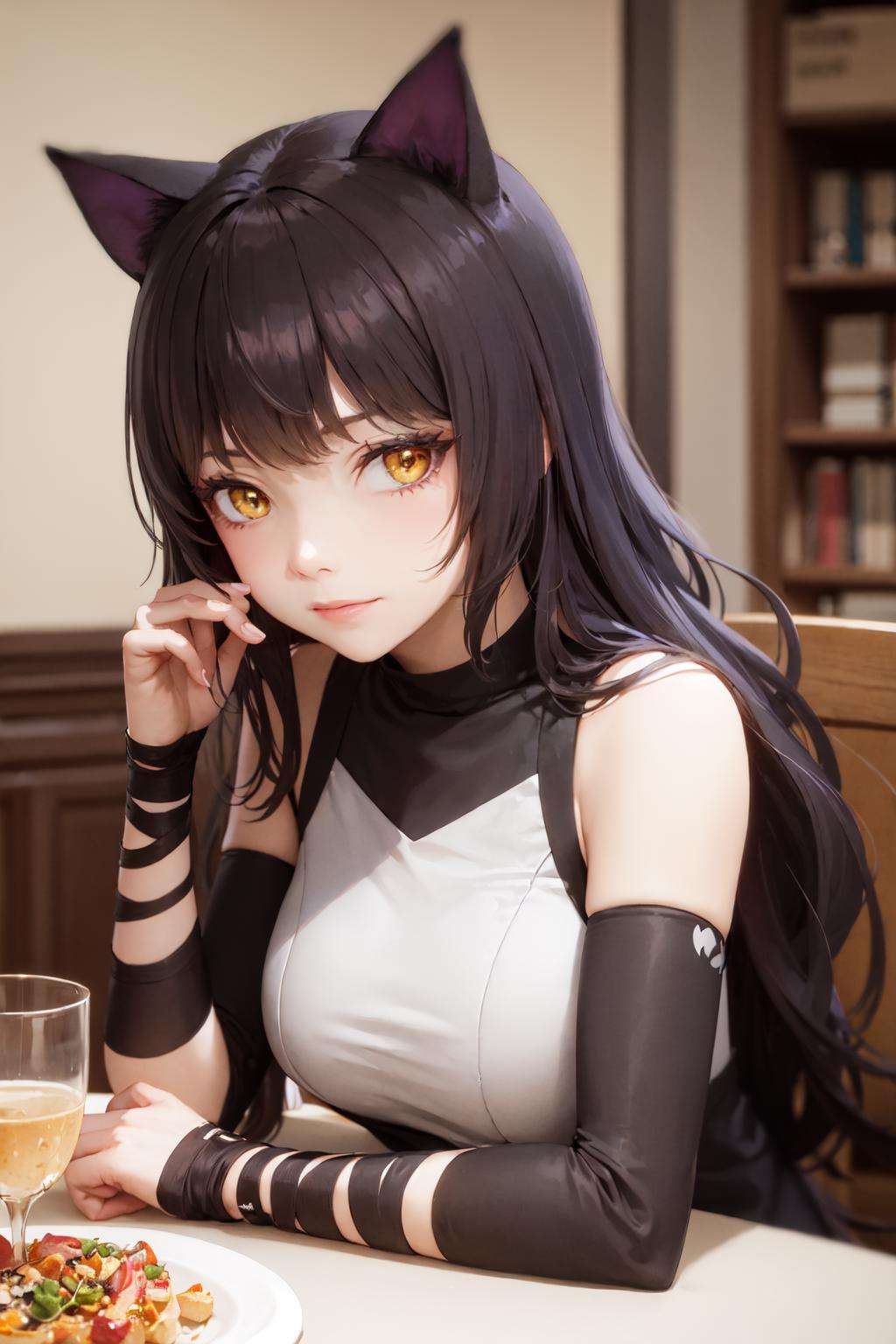 (masterpiece, best quality:1.2), <lora:rwby_belladonna-10:1>, upper body, solo, 1girl, blake belladonna, slight smile, closed mouth, looking at viewer, elbows on table, cat ears, sleeveless shirt, detached sleeve, indoors, food on plate, drinking glass, book on table