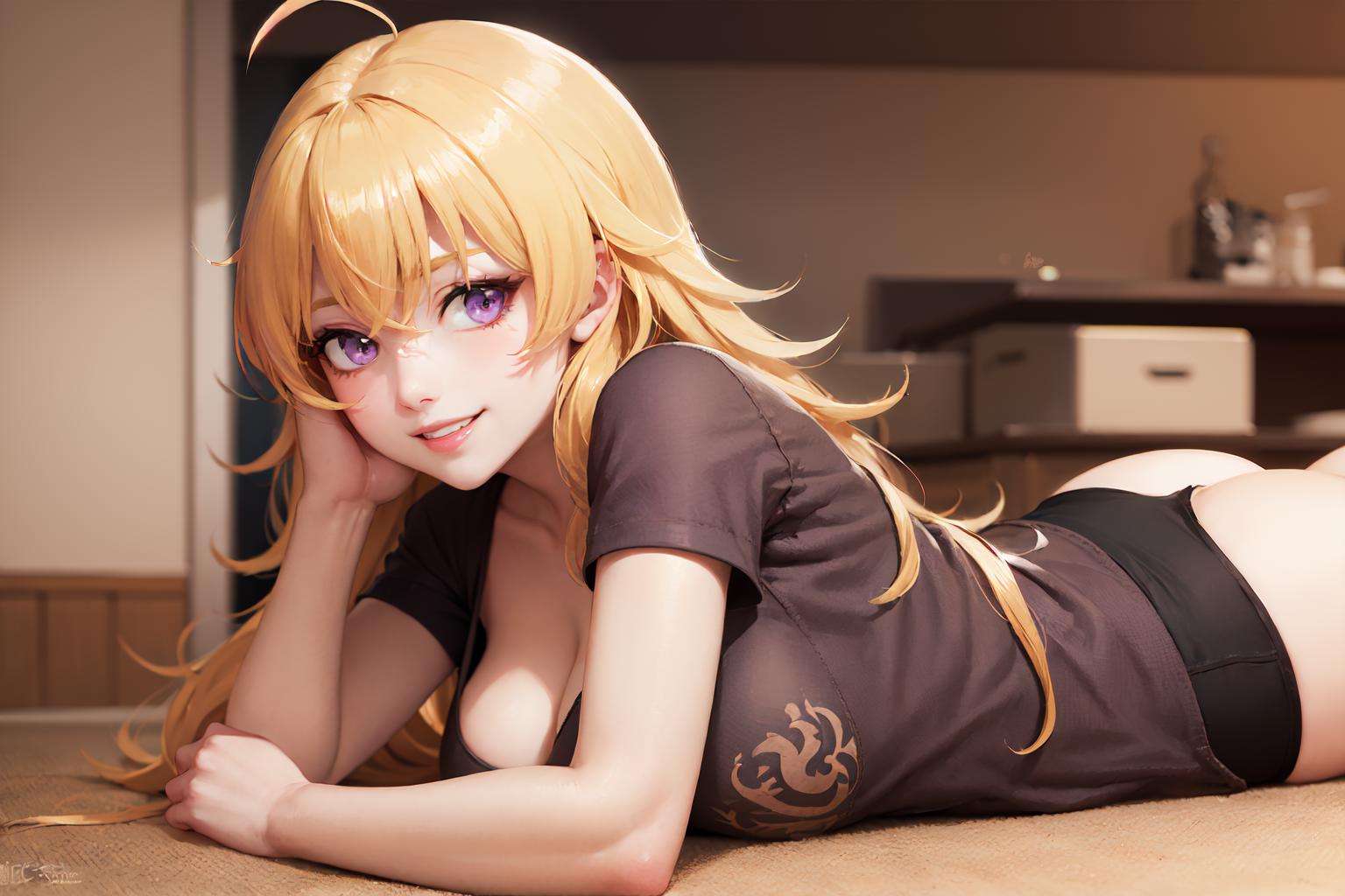 (masterpiece, best quality:1.2), <lora:rwby_xiaolong-10:1>, upper body, solo, 1girl, yang xiao long, smile, looking at viewer, lying, on stomach, ahoge, purple eyes, orange t-shirt, cleavage, large breasts, indoors