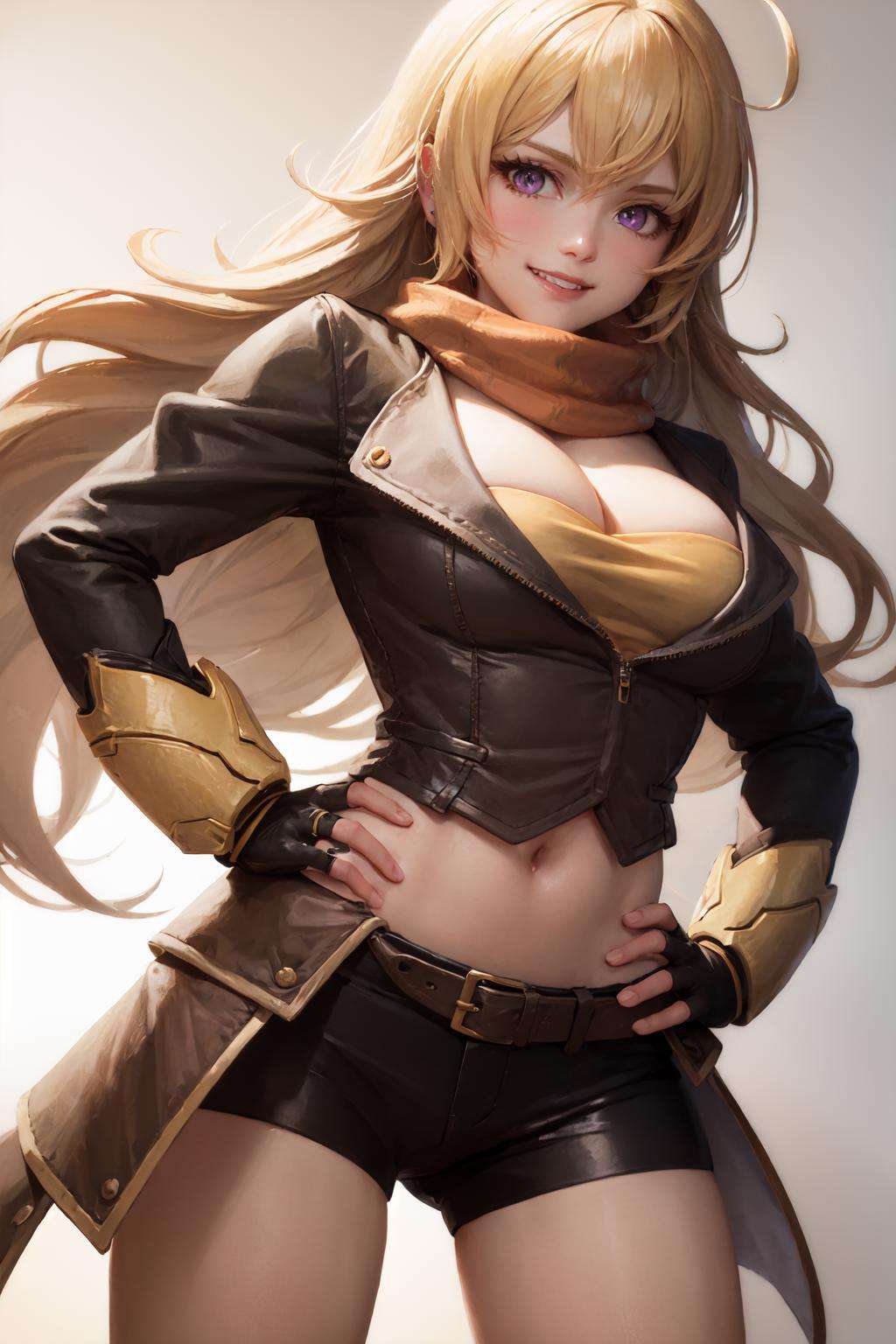 (masterpiece, best quality:1.2), <lora:rwby_xiaolong-10:1>, cowboy shot, solo, 1girl, yang xiao long, grin, hand on hip, ahoge, purple eyes, brown jacket, yellow tube top, black shorts, black fingerless gloves, orange scarf, waist cape, midriff, cleavage, large breasts