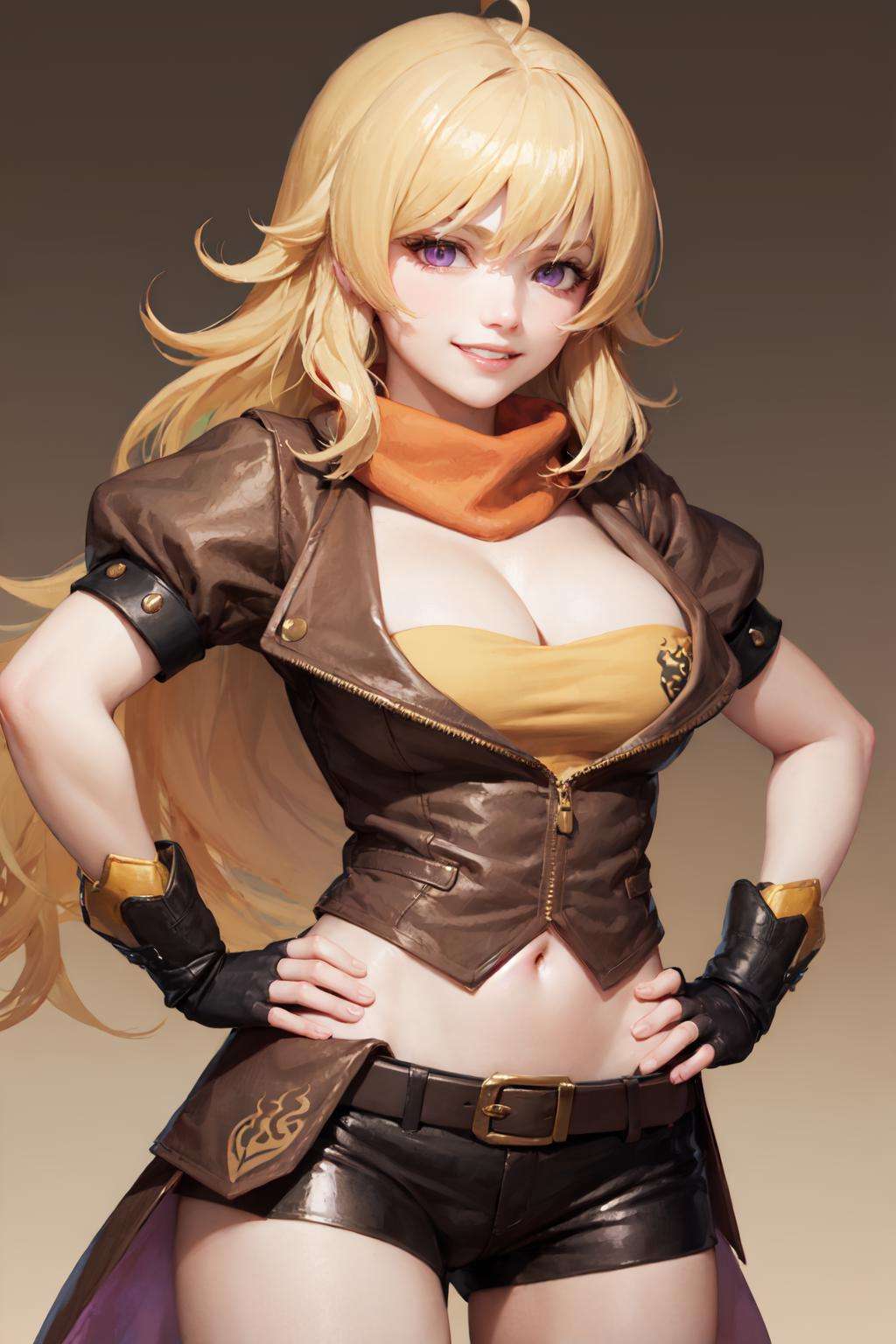 (masterpiece, best quality:1.2), <lora:rwby_xiaolong-10:1>, cowboy shot, solo, 1girl, yang xiao long, grin, hand on hip, ahoge, purple eyes, brown jacket, yellow tube top, black shorts, black fingerless gloves, orange scarf, waist cape, midriff, cleavage, large breasts