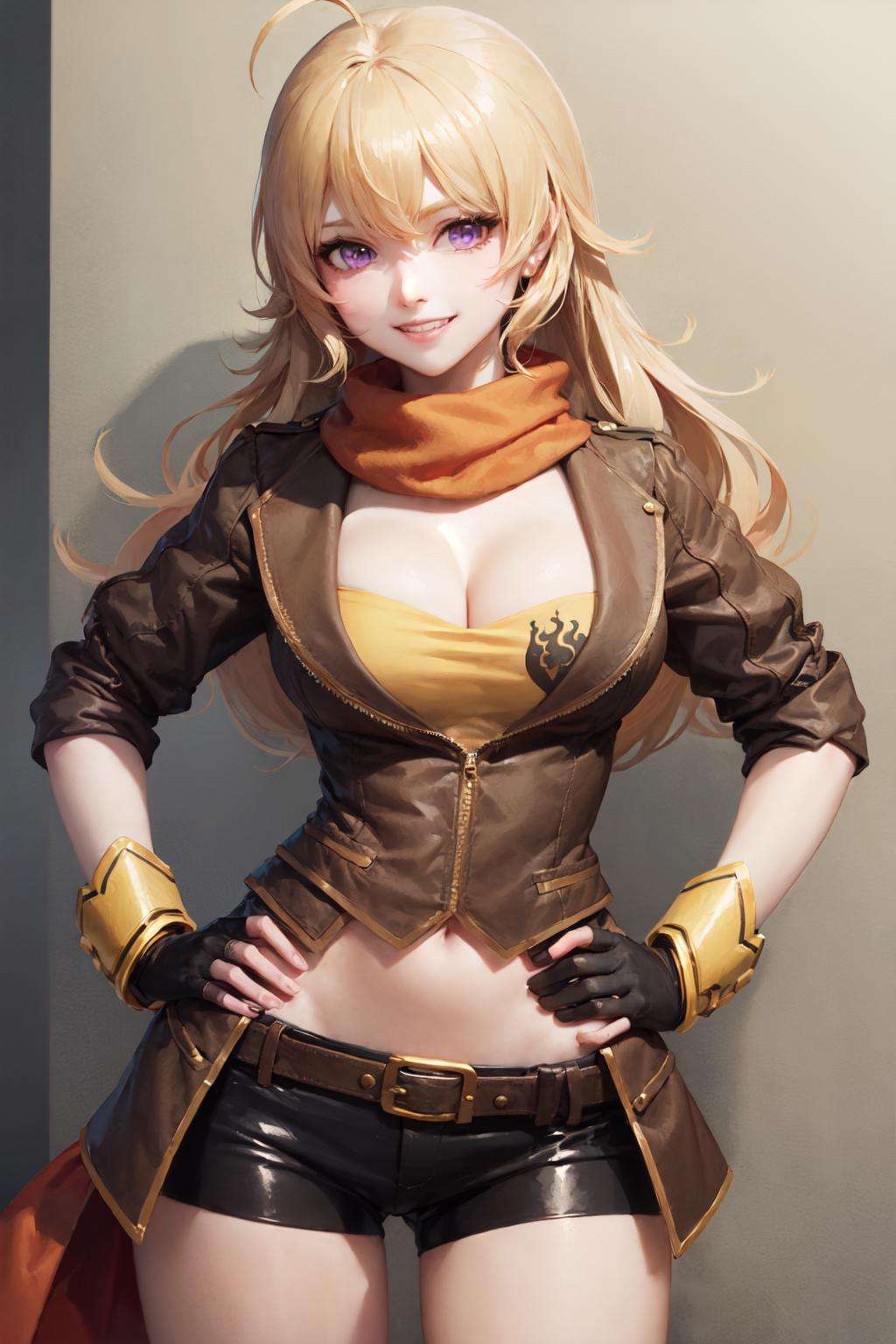 (masterpiece, best quality:1.2), <lora:rwby_xiaolong-10:1>, cowboy shot, solo, 1girl, yang xiao long, grin, hand on hip, ahoge, purple eyes, brown jacket, yellow tube top, black shorts, black fingerless gloves, orange scarf, waist cape, midriff, cleavage, large breasts