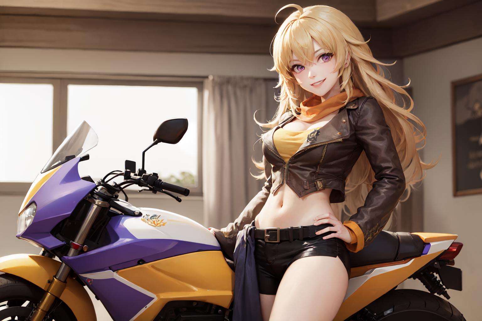 (masterpiece, best quality:1.2), <lora:rwby_xiaolong-10:1>, solo, 1girl, yang xiao long, smile, looking at viewer, ahoge, purple eyes, brown jacket, yellow tube top, black shorts, orange scarf, waist cape, midriff, large breasts, ground vehicle, motorcycle