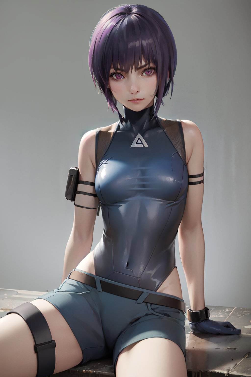 (masterpiece, best quality:1.2), <lora:ghostintheshell_kusanagi_2045-10:1>, solo, 1girl, kusanagi motoko, expressionless, closed mouth, looking at viewer, sitting, leotard, pants, belt