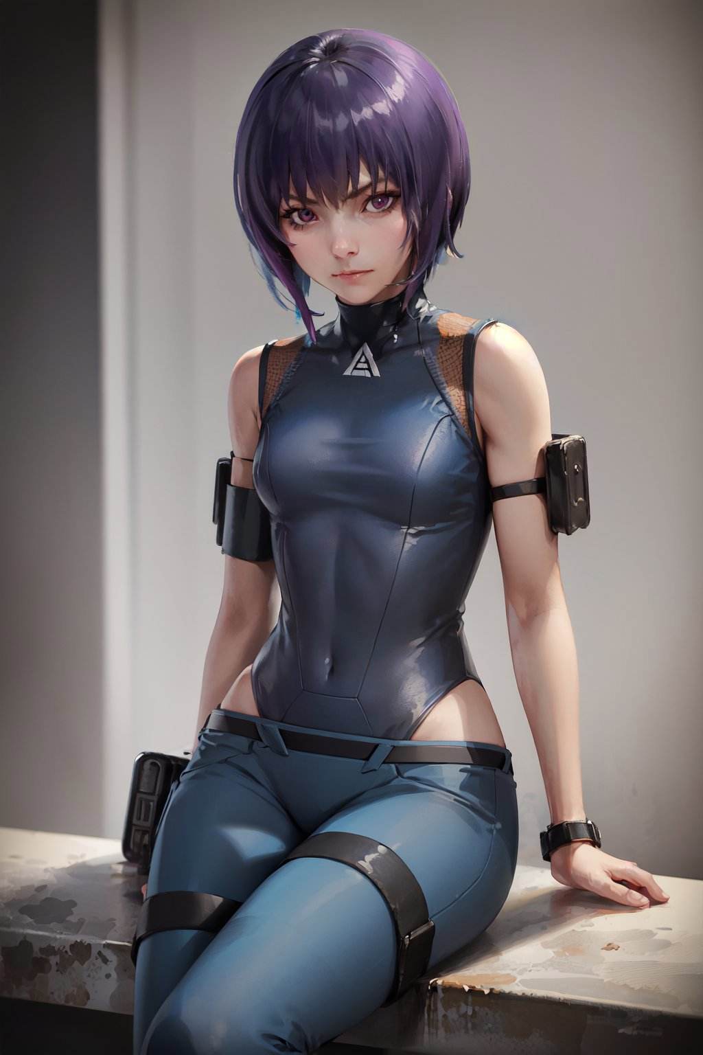 (masterpiece, best quality:1.2), <lora:ghostintheshell_kusanagi_2045-10:1>, solo, 1girl, kusanagi motoko, expressionless, closed mouth, looking at viewer, sitting, leotard, pants, belt