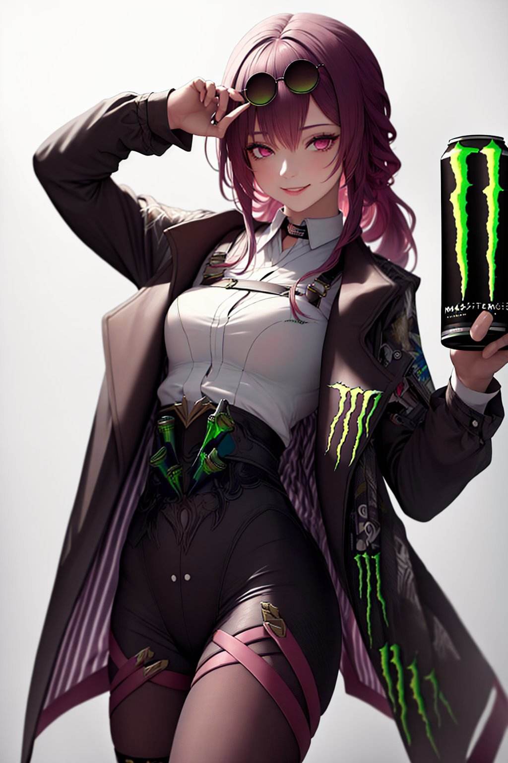 (masterpiece, best quality:1.2), <lyco:hsr_kafka-10:0.8>, <lora:MonsterEnergyAI:1>, <lyco:HoldingMonsterEnergy:0.7>, monsterenergyai, solo, 1girl, kafka, smile, holdingmonsterenergy, sunglasses, eyewear on head, jacket, white shirt, pantyhose